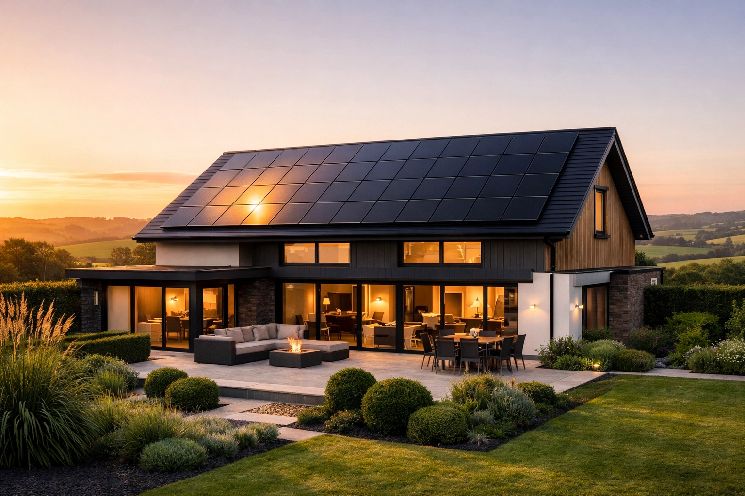 Modern Dorset home featuring sleek all-black solar panels on the roof for renewable energy.