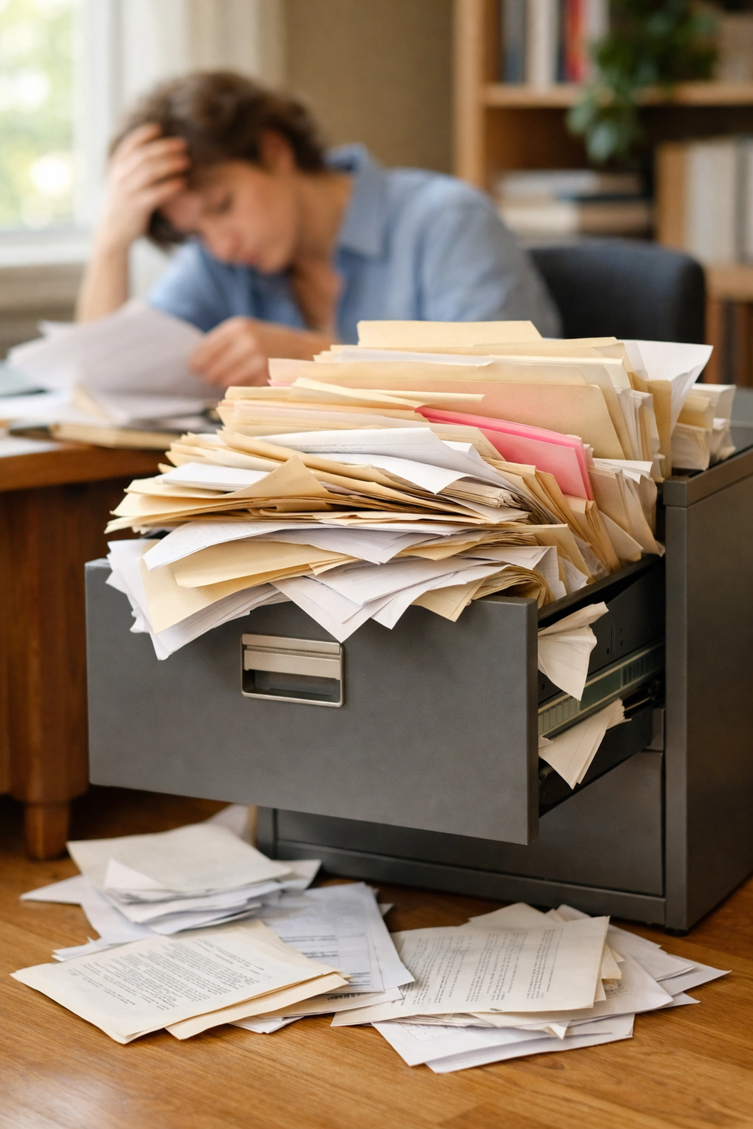 Overflowing filing cabinet with disorganized papers showing poor documentation system