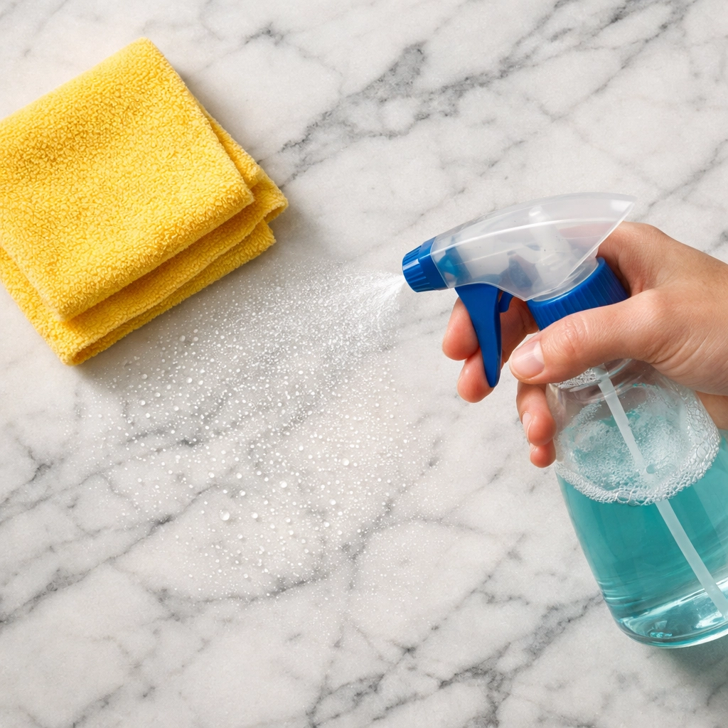 Gentle eco-friendly cleaning of a luxury white marble countertop in a Foxborough residential property.