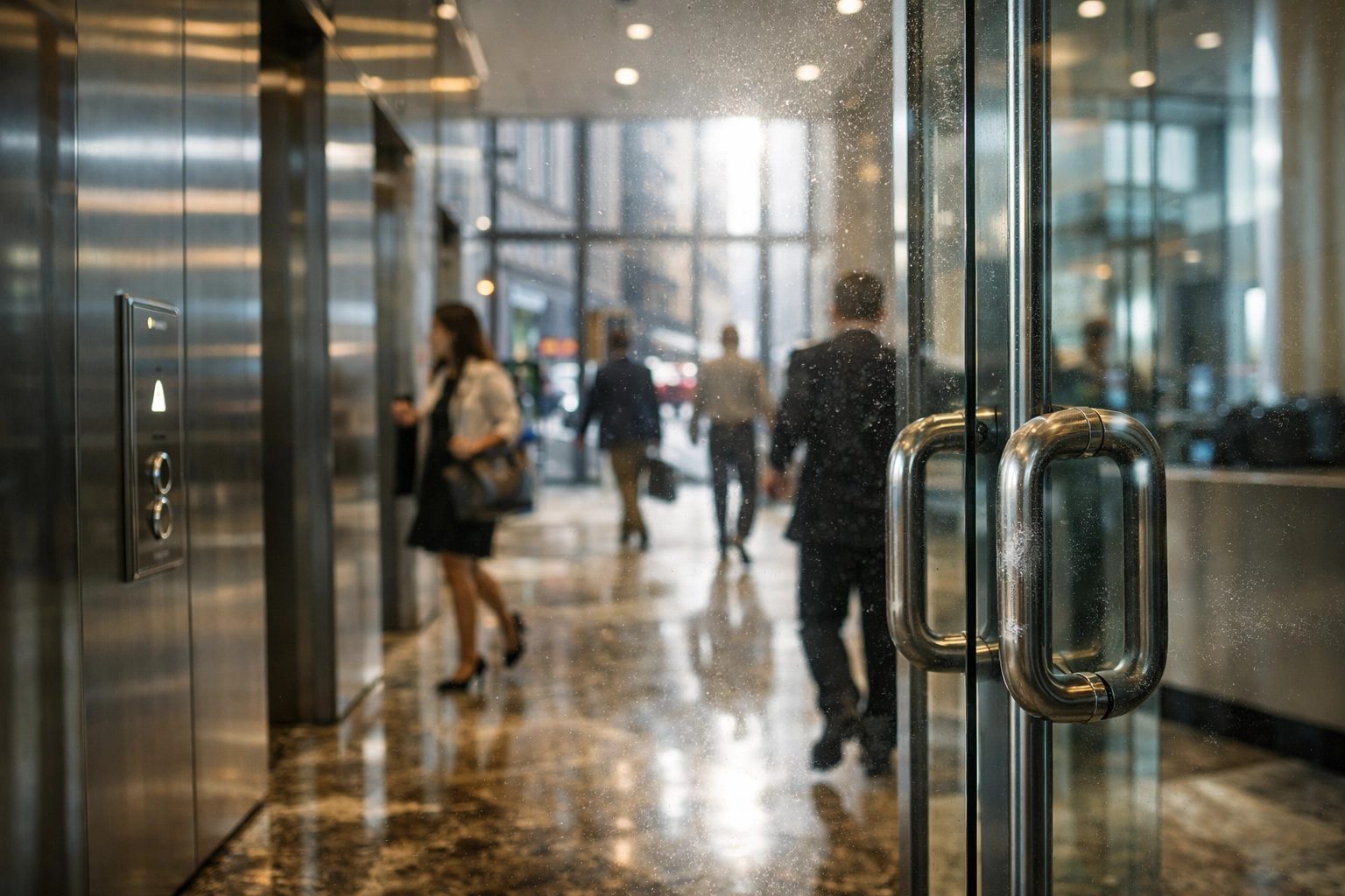 Busy NYC office building lobby showing high-traffic areas requiring professional janitorial services