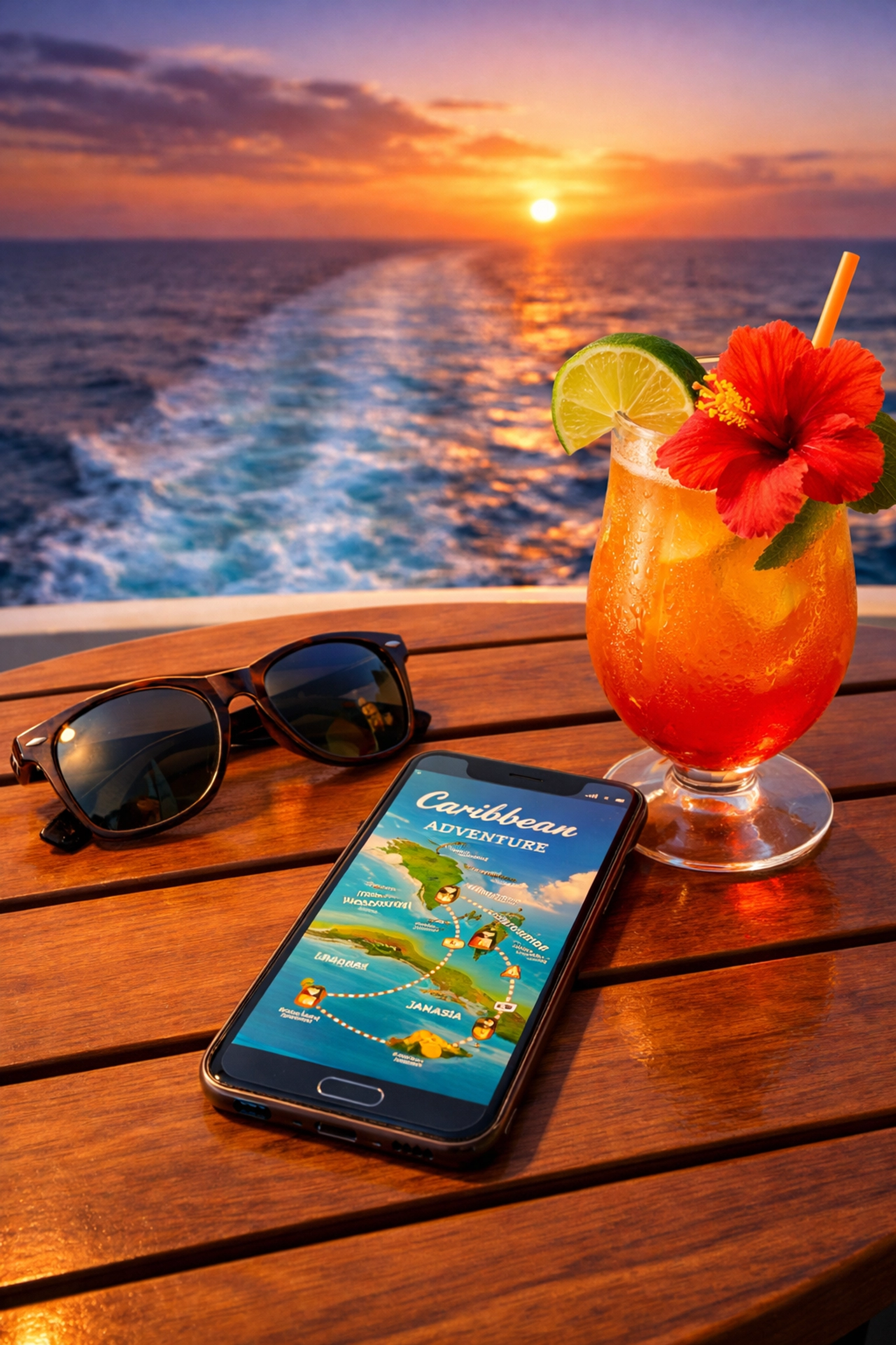 Tropical cocktail and travel map on a cruise balcony, perfect for Caribbean cruise planning.