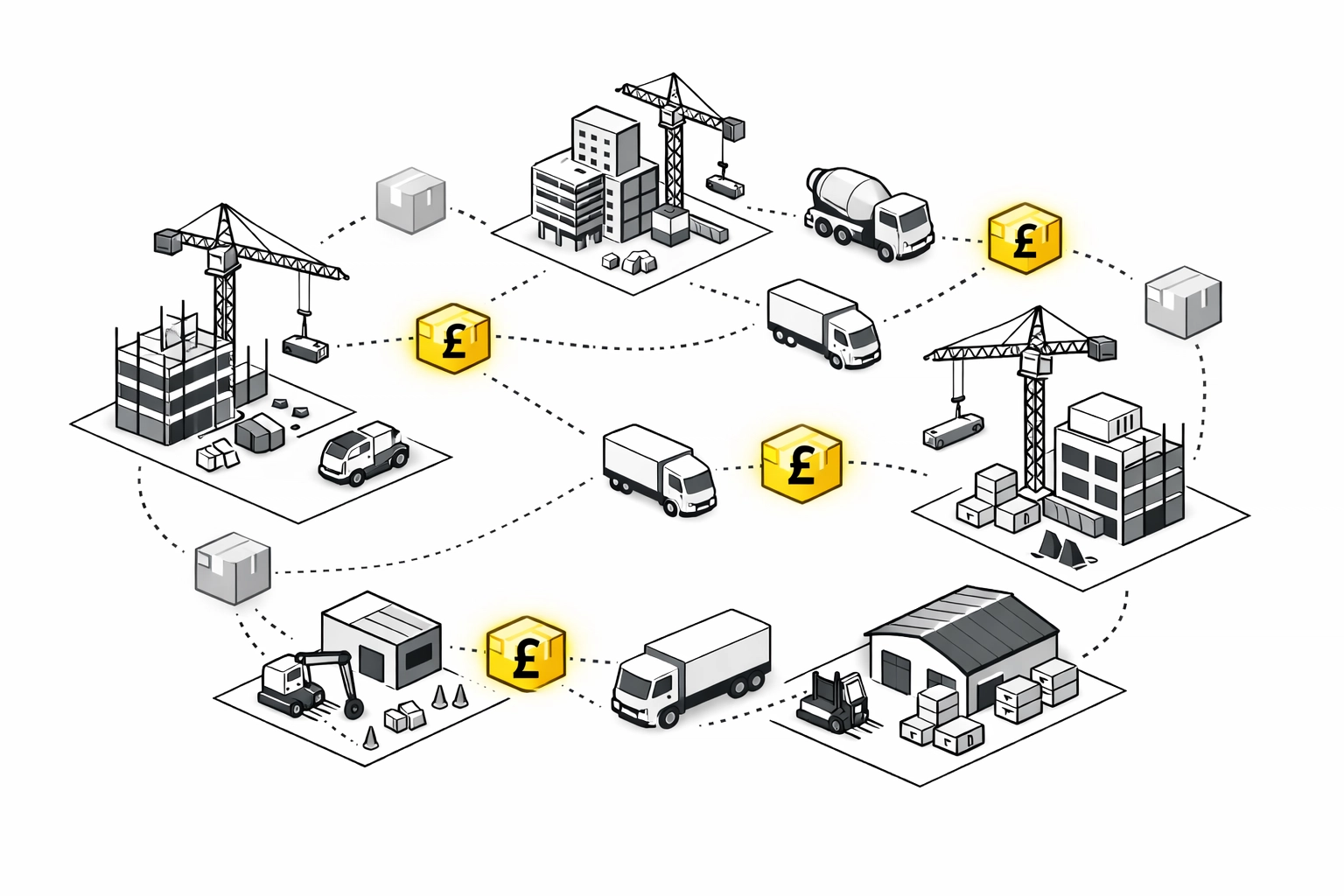 Multiple construction sites with tracked deliveries and forgotten materials
