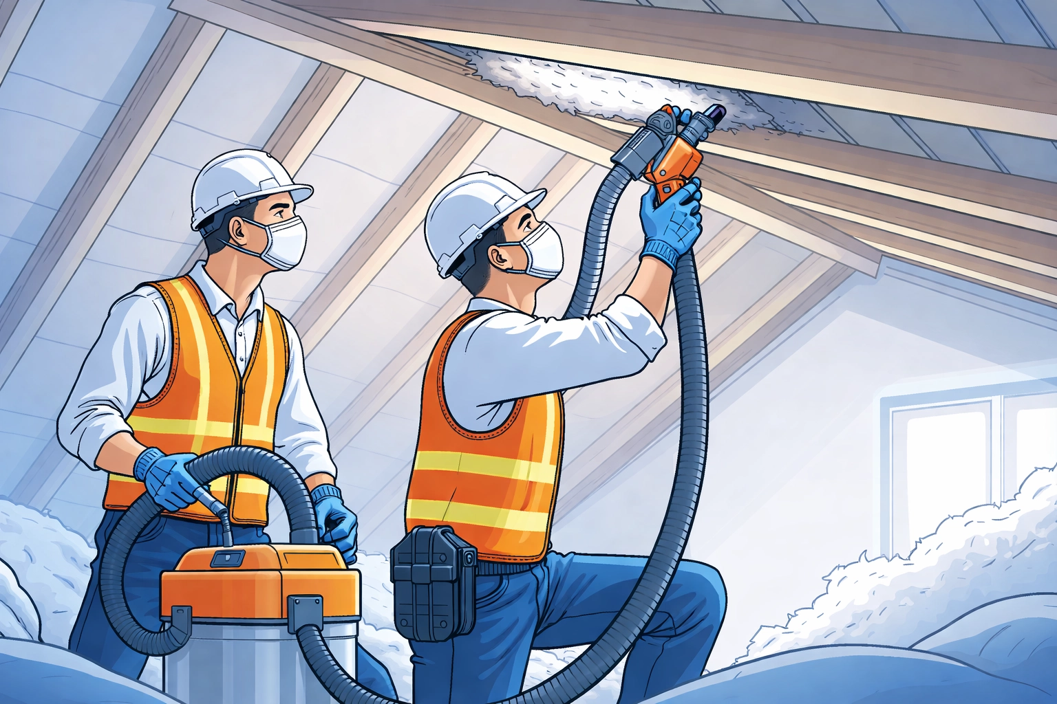 Two professional technicians in safety gear carefully removing insulation material in a loft during remediation.