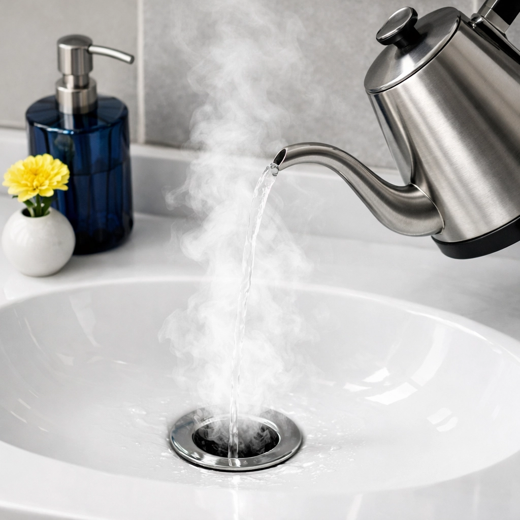 Steam rises from a bathroom sink drain after a hot water flush for preventative plumbing care.