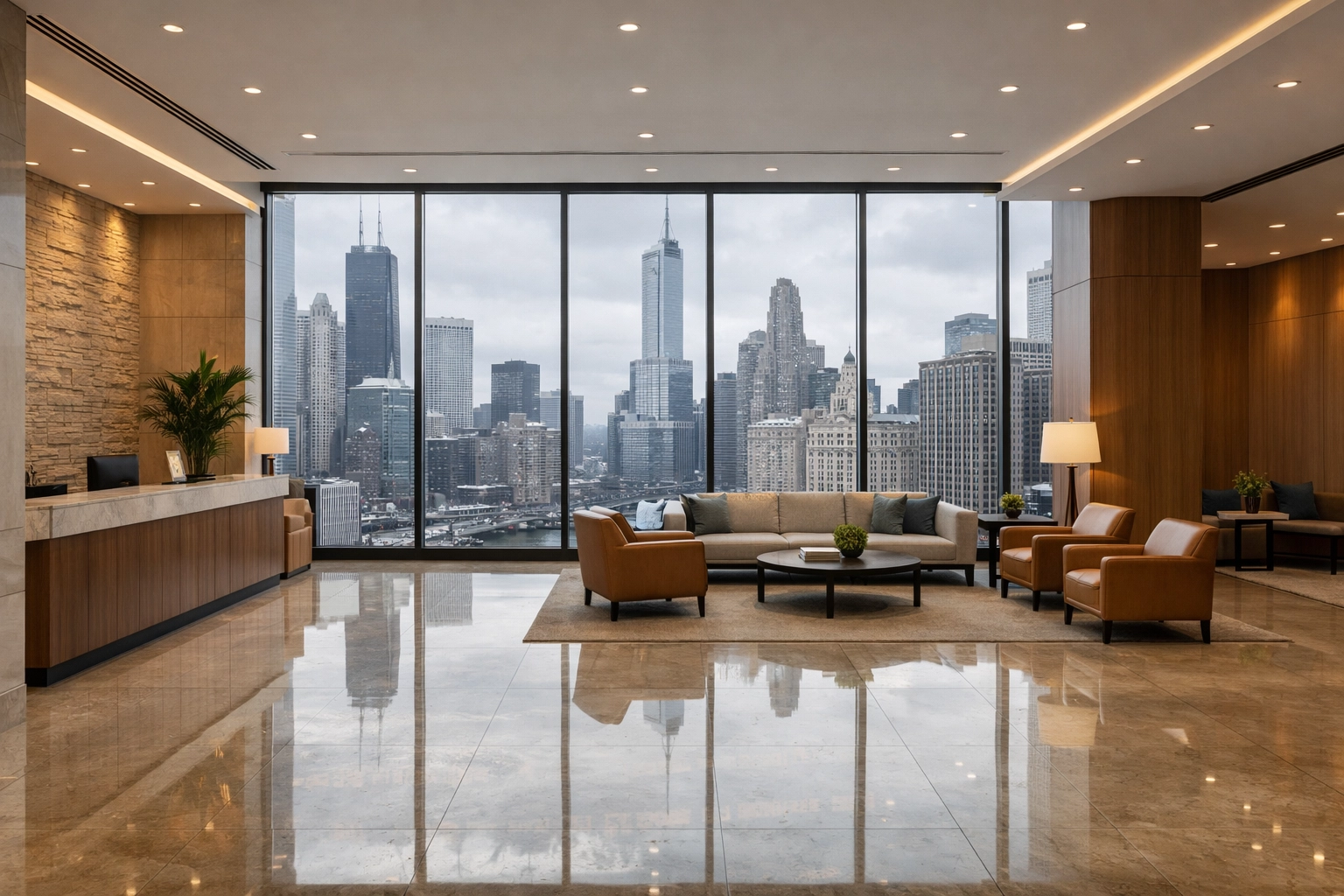 Clean and polished luxury office lobby in Chicago showcasing professional property maintenance standards.