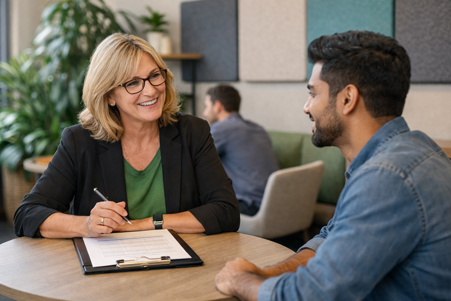 Interviewer and admin candidate in a structured conversation—clipboard in hand, thoughtful evaluation in a real coworking space setting.