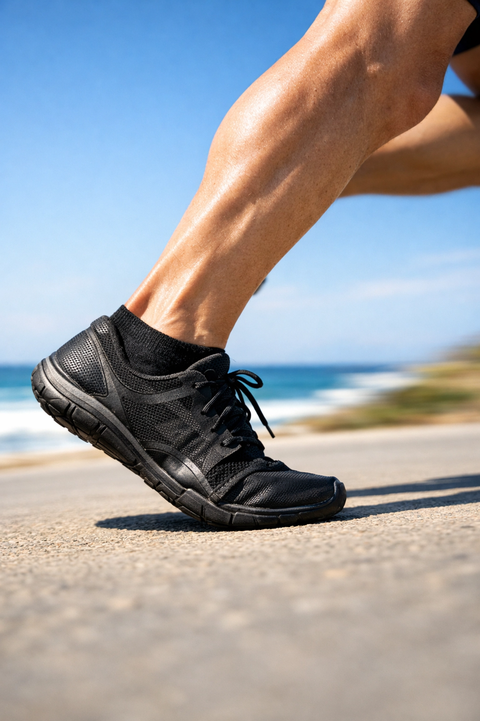 Close-up of a runner landing with a midfoot strike in flexible barefoot shoes.