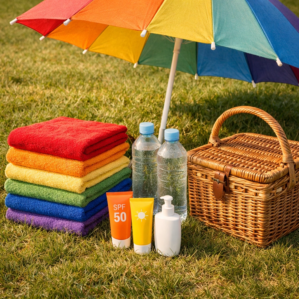 Essential nude picnic supplies including towels sunscreen umbrella and water on grass