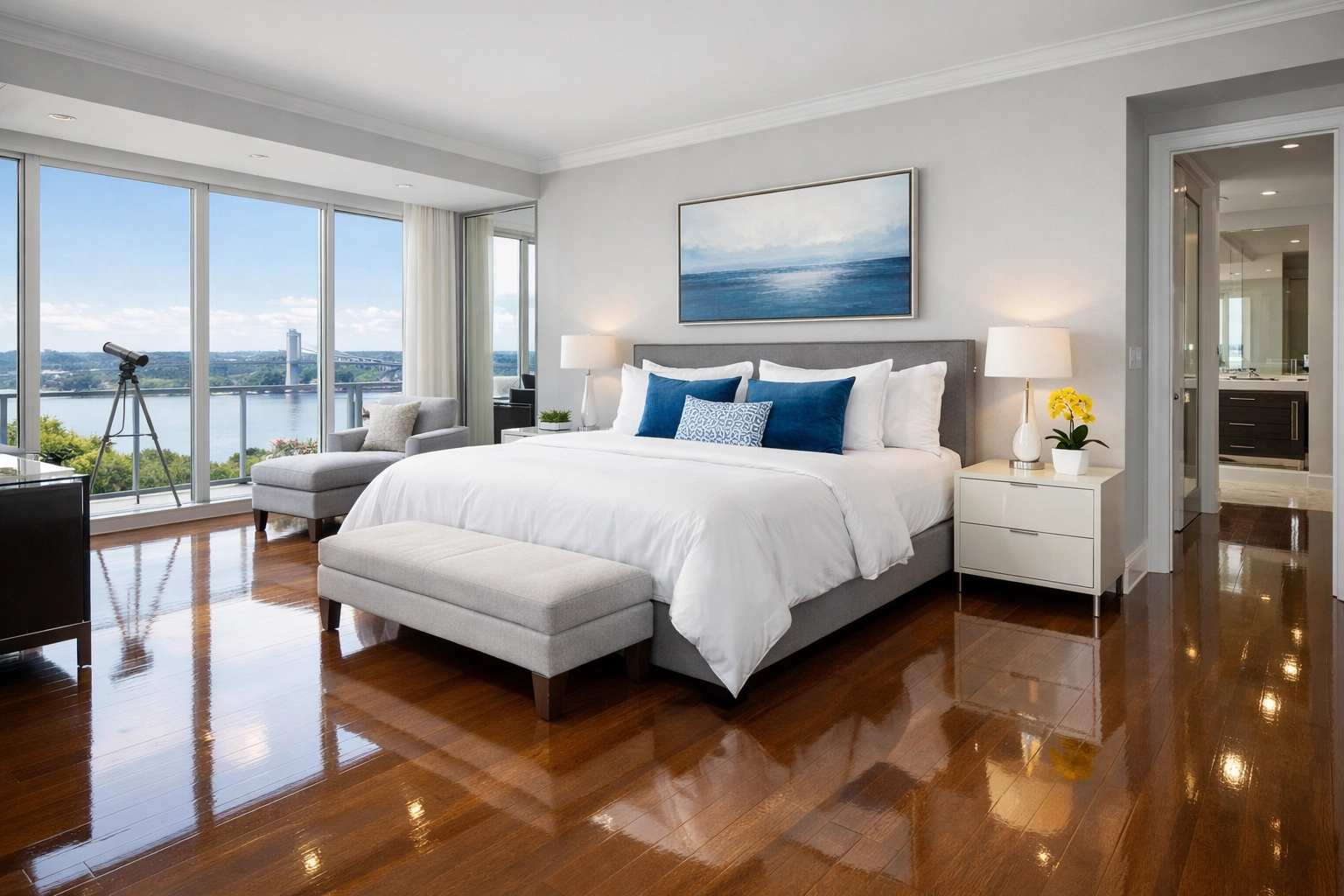 A spotless luxury master bedroom after a professional weekly house cleaning in Hudson Massachusetts.