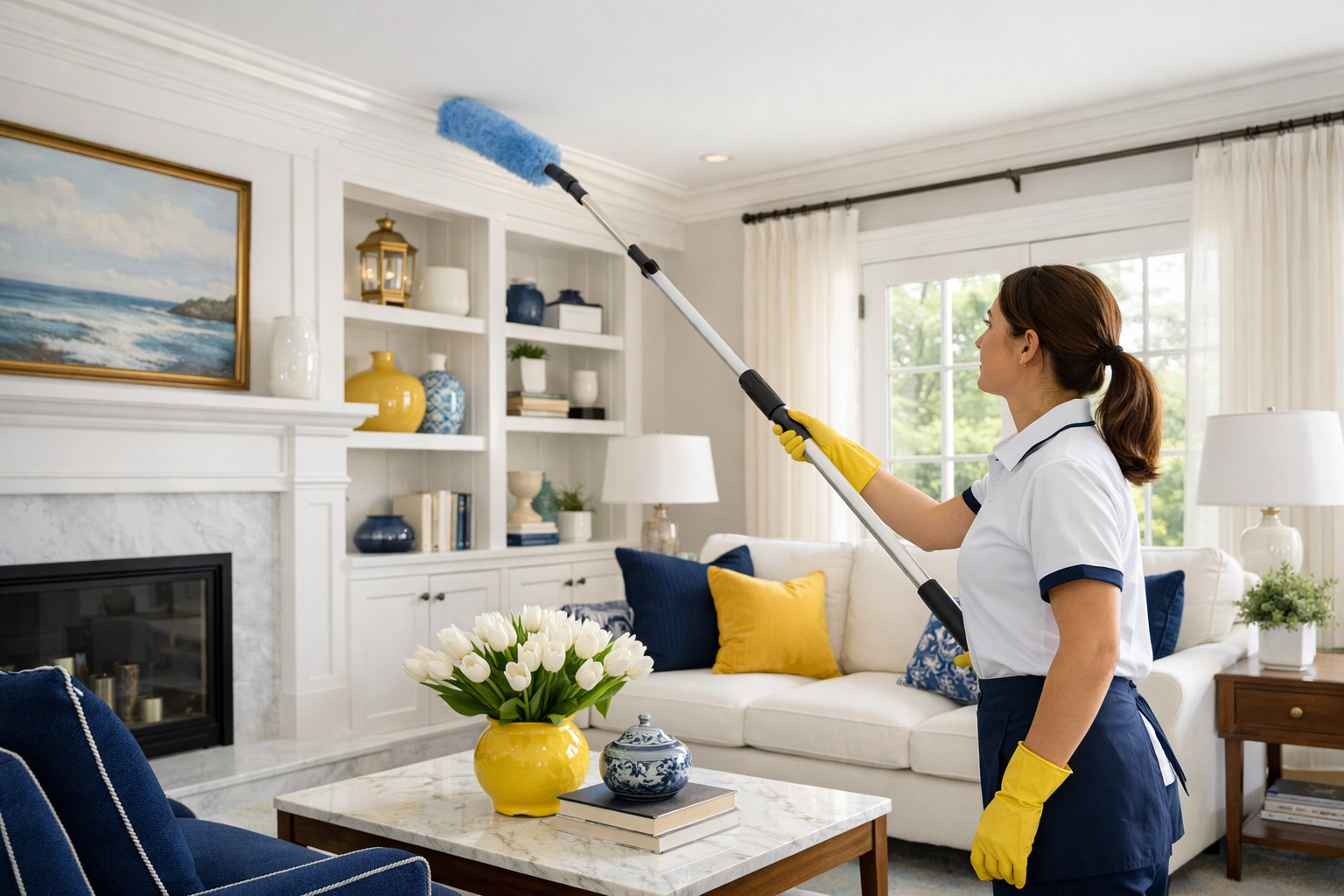 Professional house cleaning in Ashby MA showing a cleaner dusting high-reaching crown molding in a modern living room.