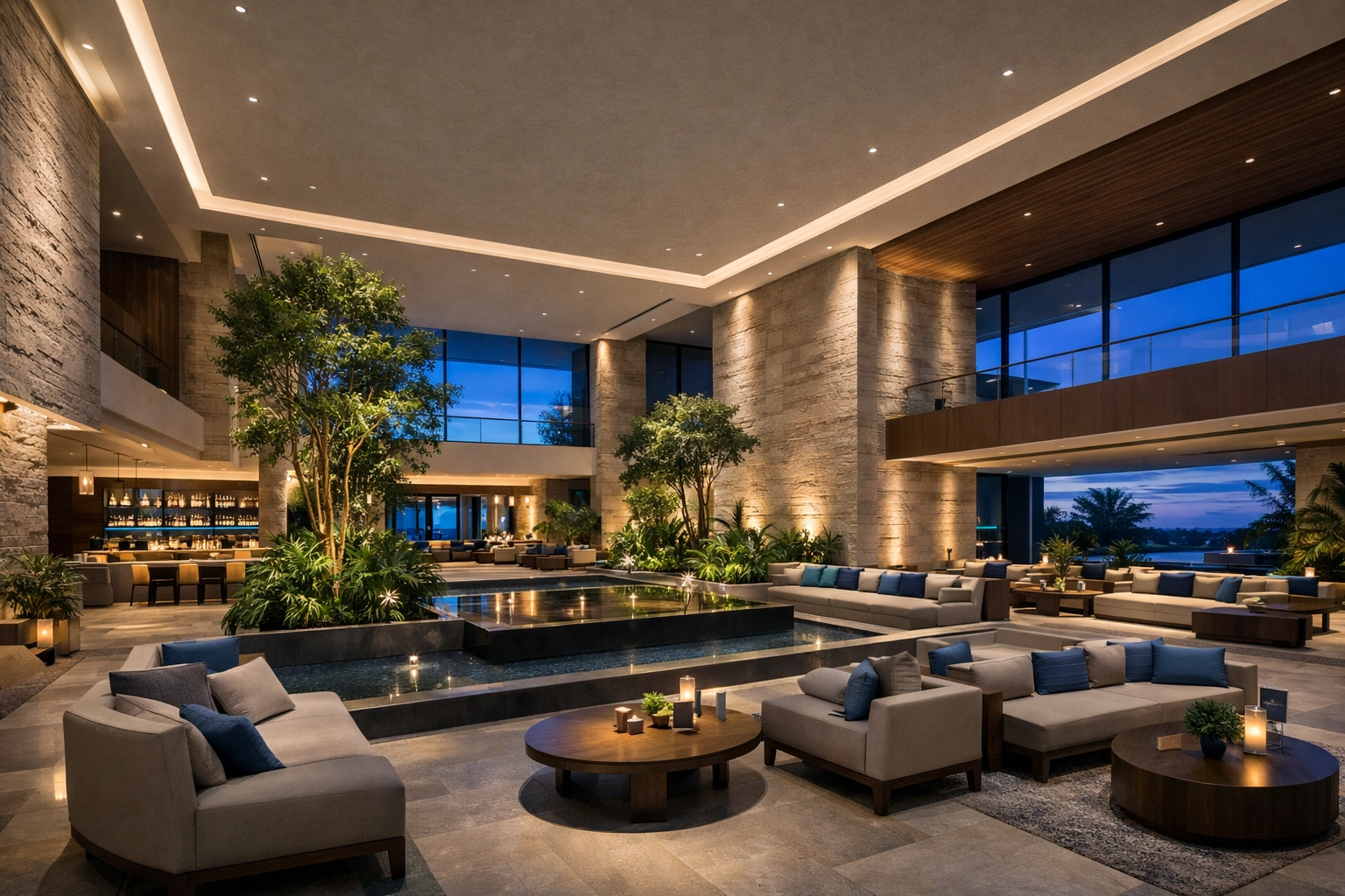 Sophisticated modern hotel lobby illustrating the power of innovative hospitality technology.