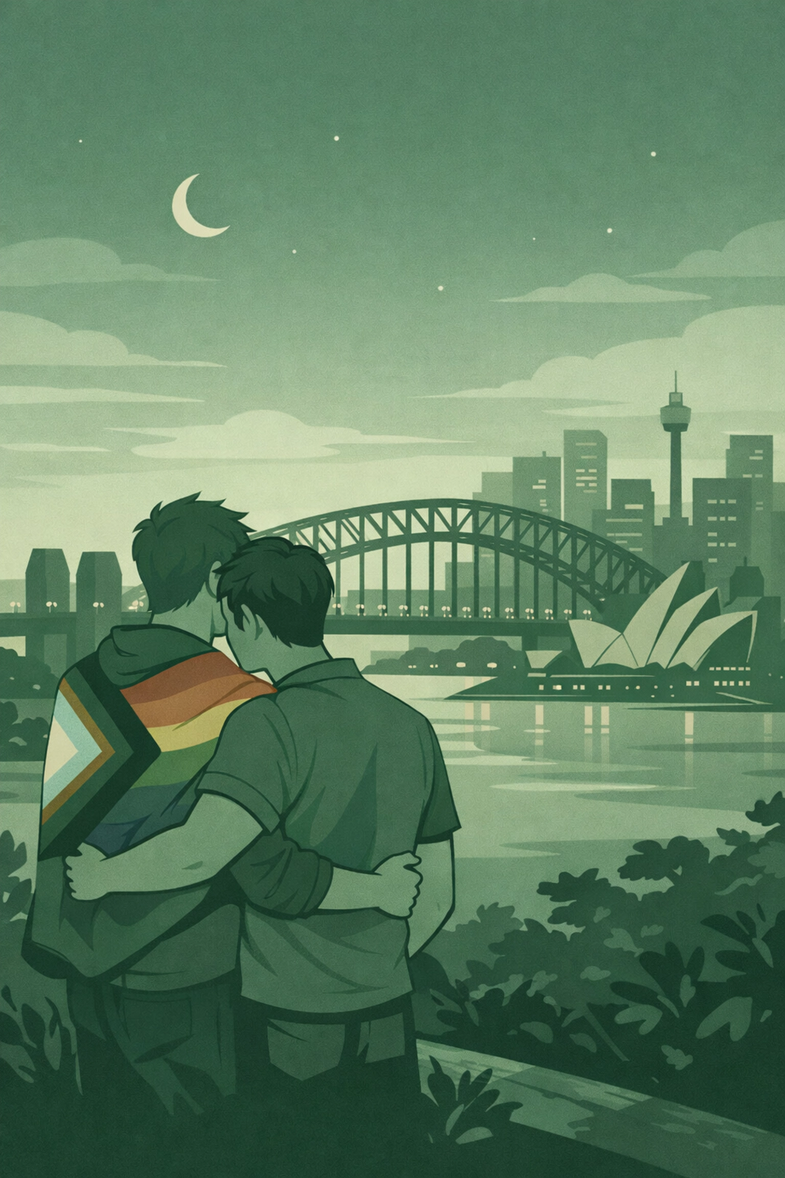 Gay couple overlooking Sydney Harbour Bridge skyline embracing at dusk