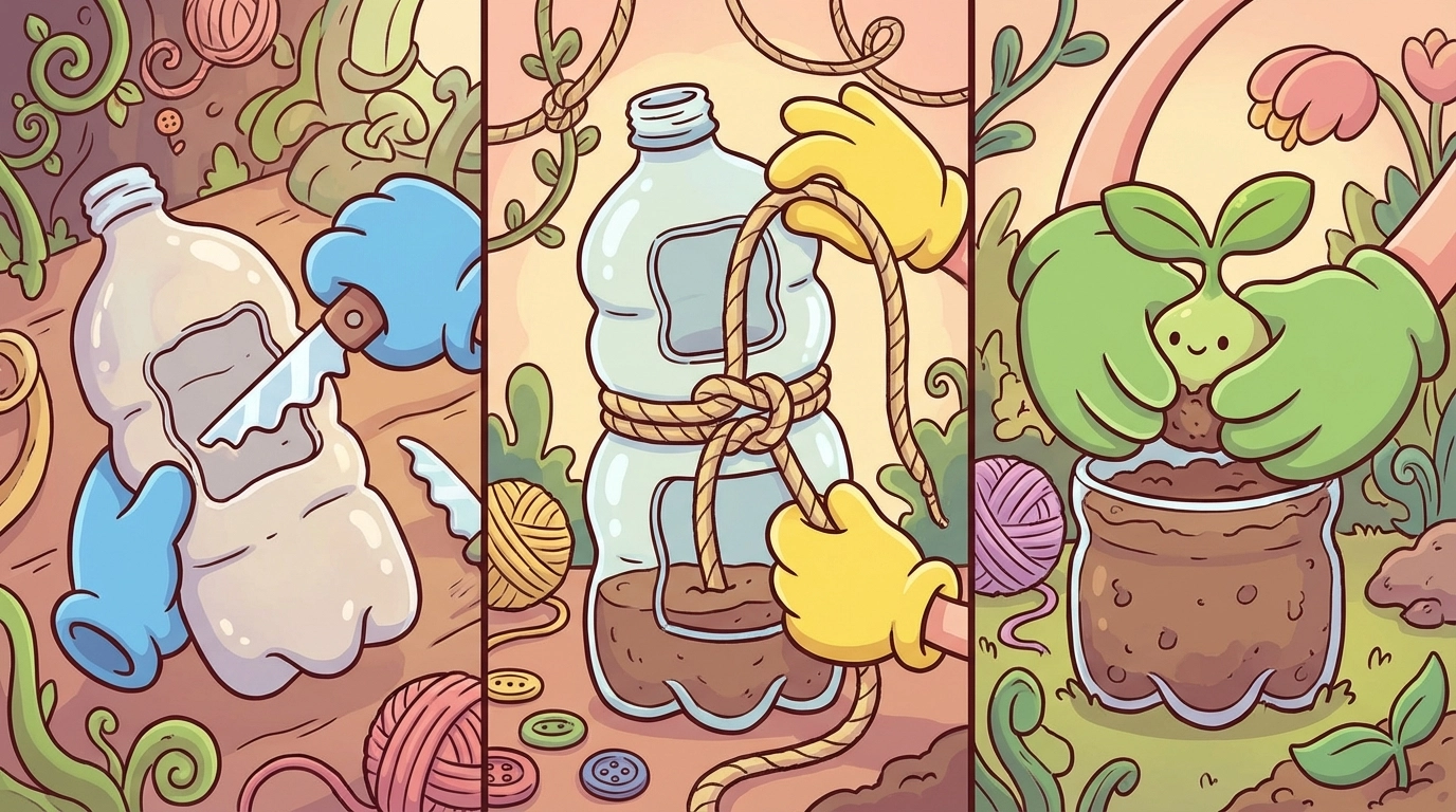 Step-by-step cartoon/storybook showing a DIY vertical bottle tower garden being built (no realistic people or faces)