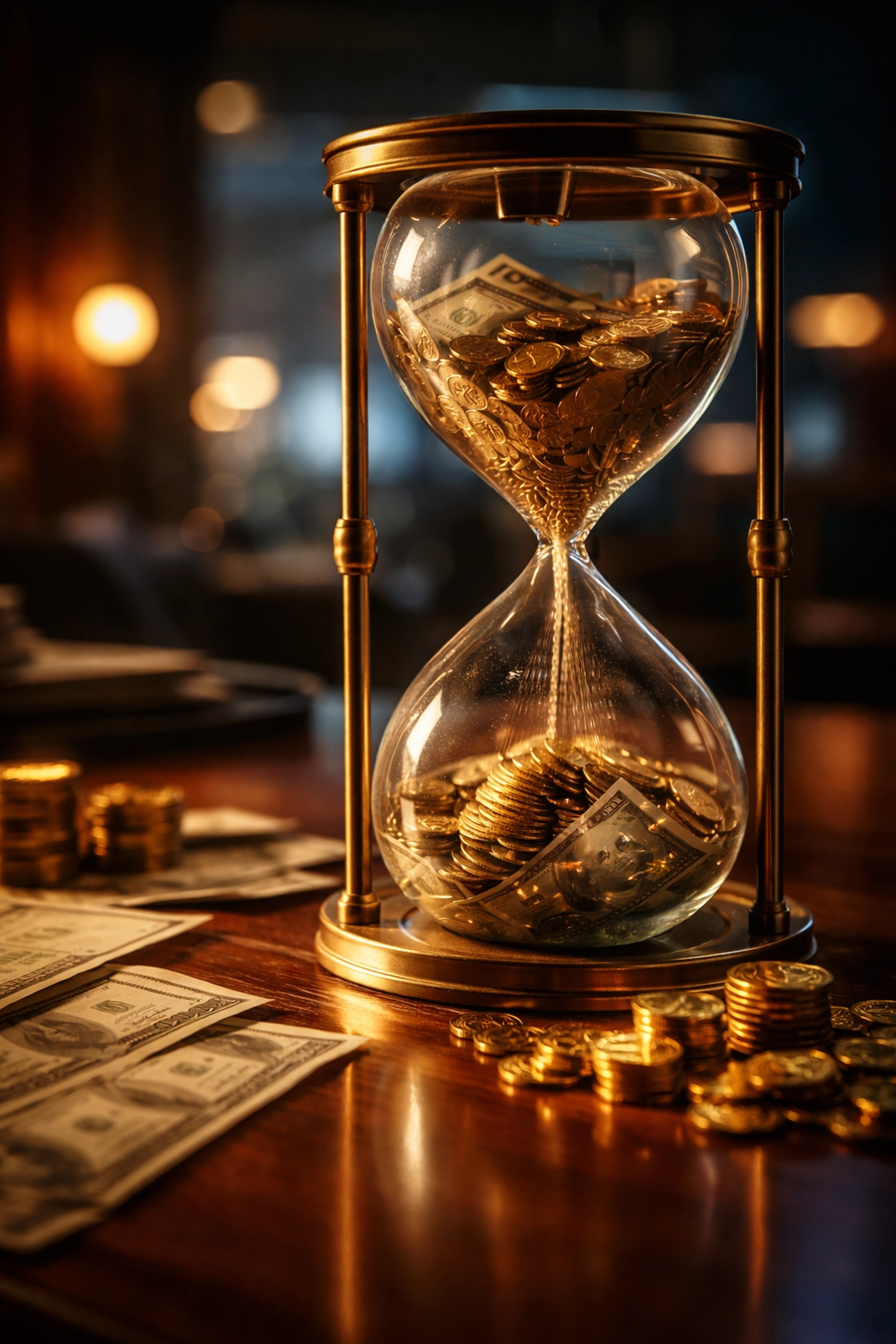 Hourglass with gold coins symbolizing the impact of time and cash drag on investment portfolio growth