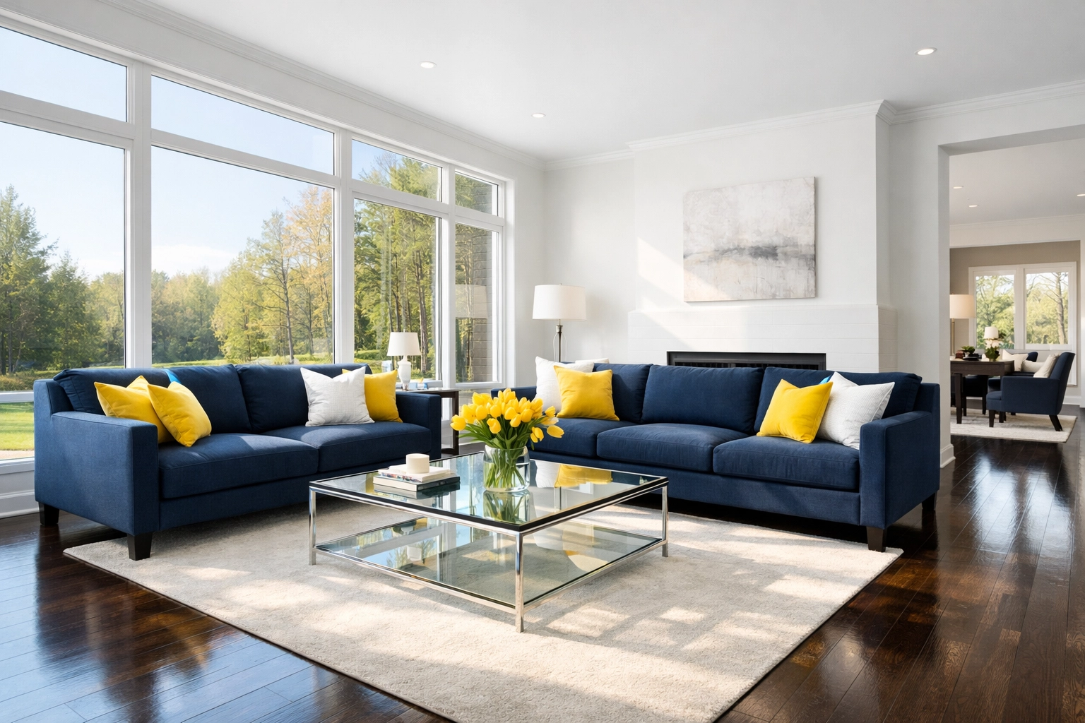Sun-drenched living room with polished floors in a Boxborough home after a weekly house cleaning service.