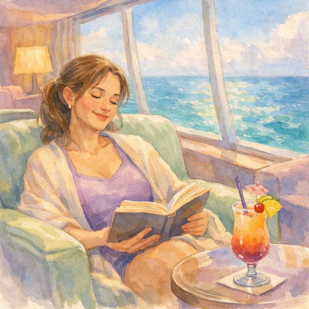 Single mom relaxing in cruise ship adult lounge with ocean view