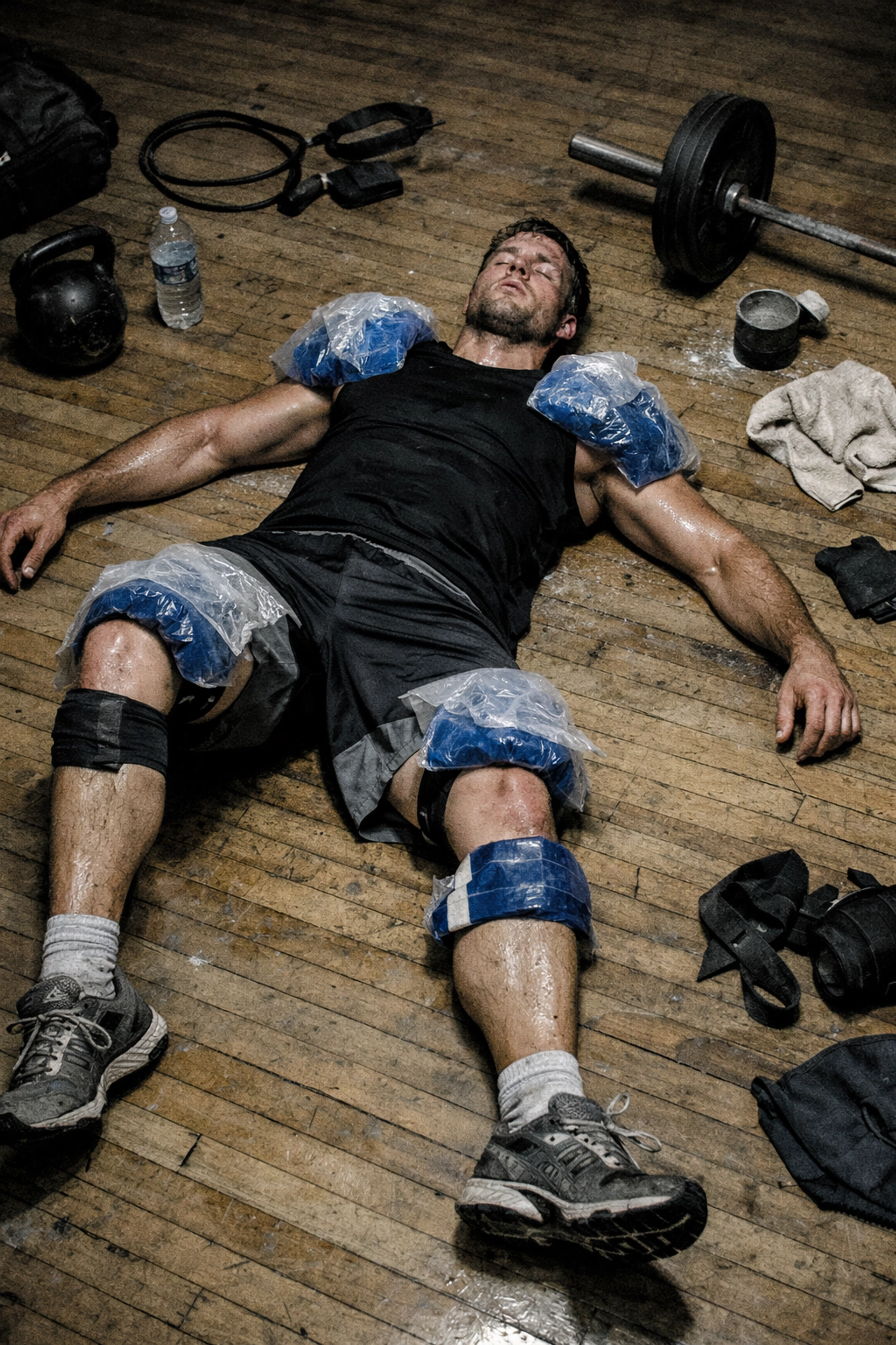 Exhausted athlete with ice packs showing overtraining from full-body home workout routine