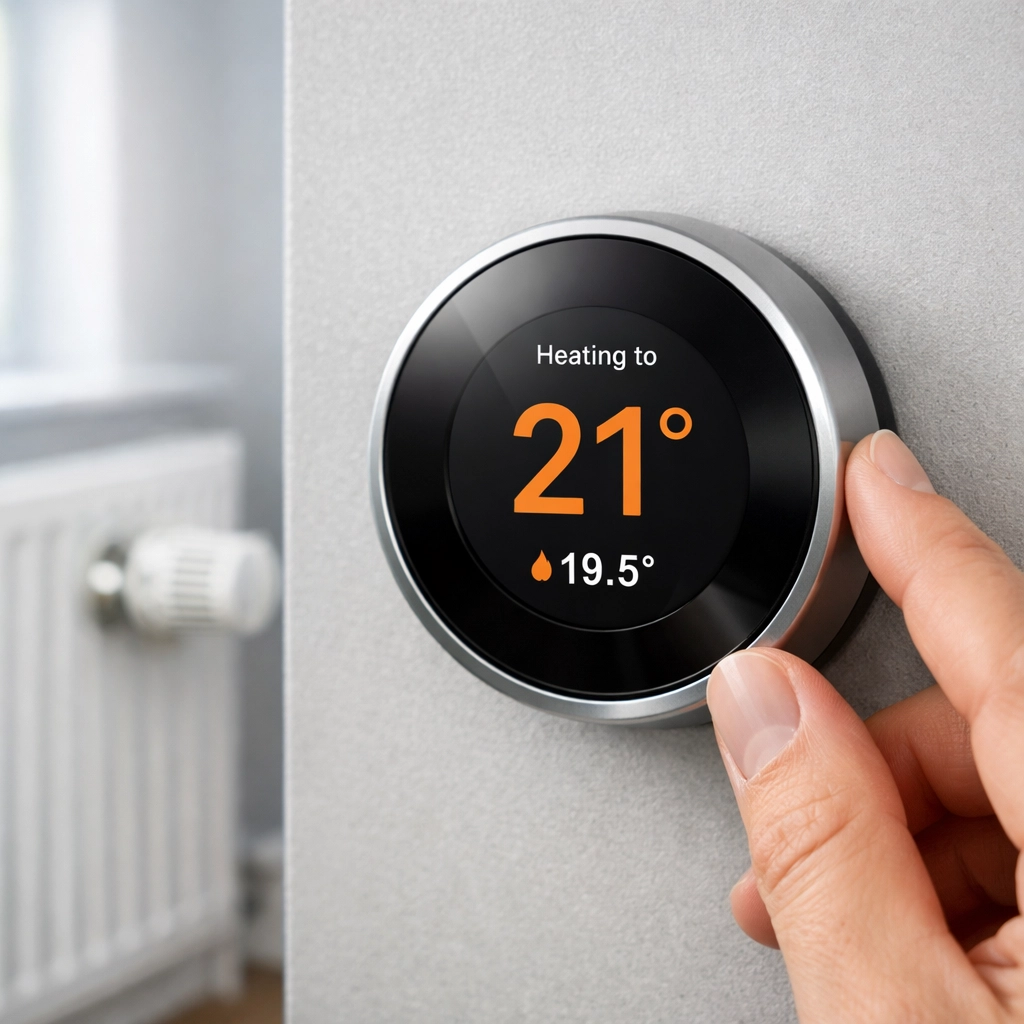 Adjusting a digital smart thermostat in a Bournemouth home to lower heating and energy costs.