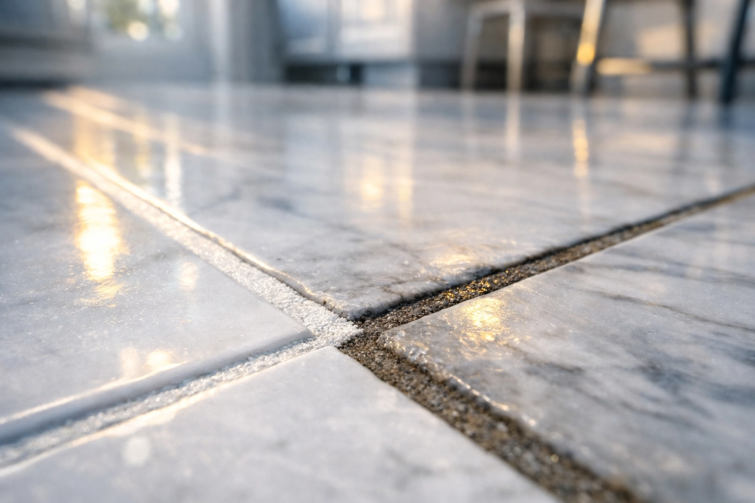 Macro shot of a kitchen floor showing a comparison between stained and clean white grout lines.