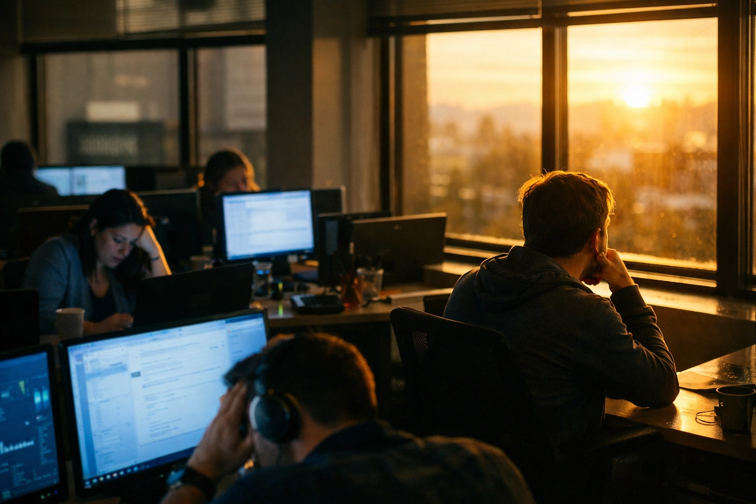 Employees at desks facing digital fatigue, illustrating the need for a team collaboration reset.