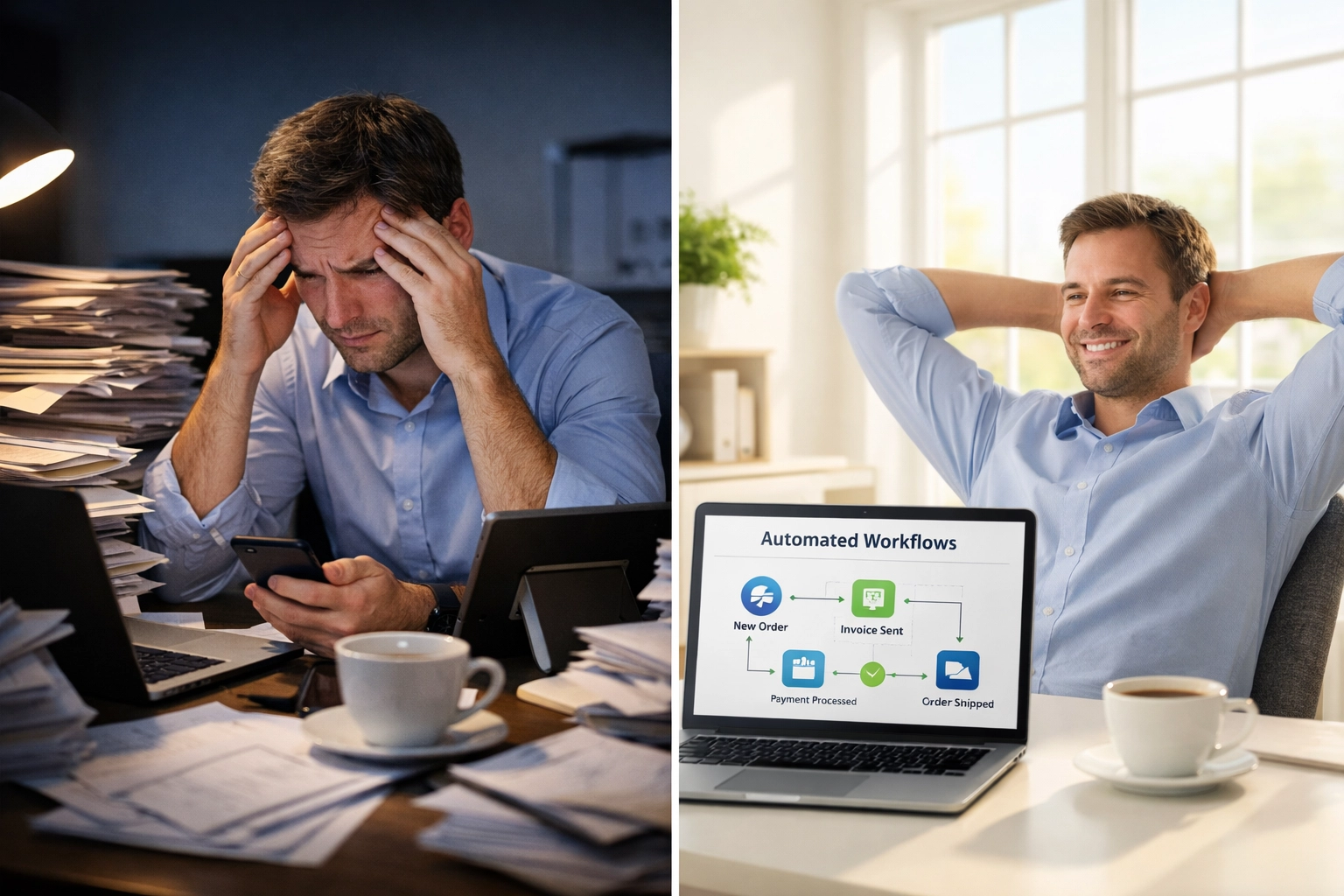Business owner transformation from manual work stress to automated workflow efficiency