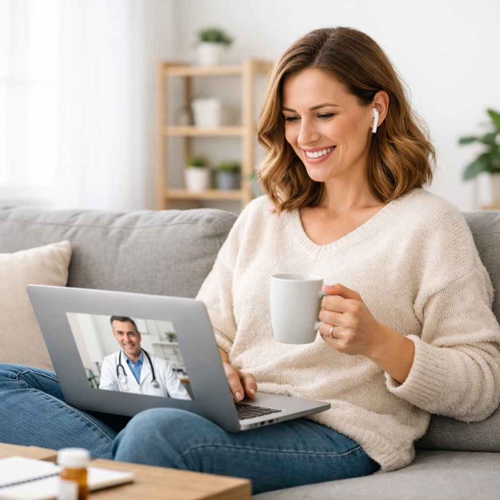 A woman having a telehealth consultation with an online weight loss doctor from her living room laptop.
