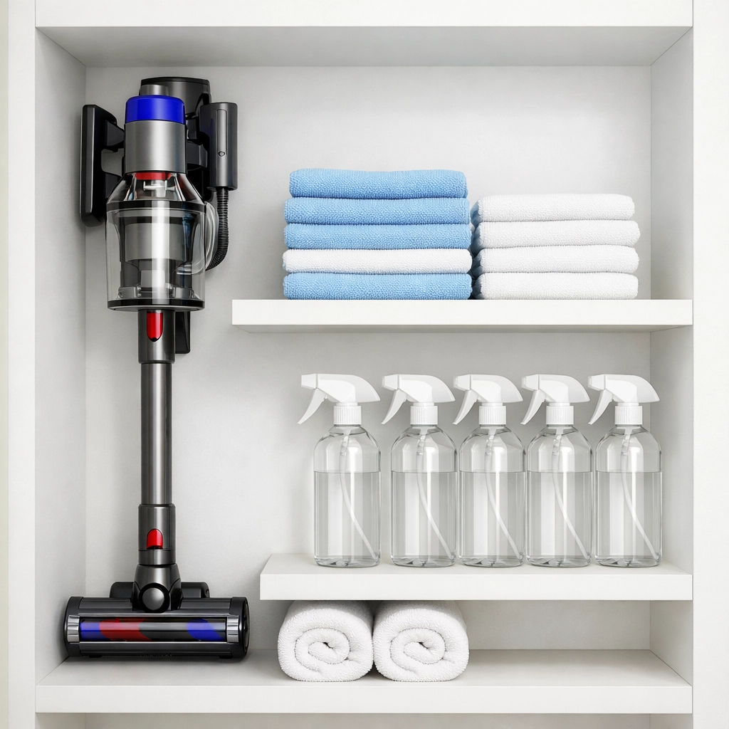Neatly organized guest cleaning supplies and vacuum in a modern Kissimmee vacation rental utility closet.