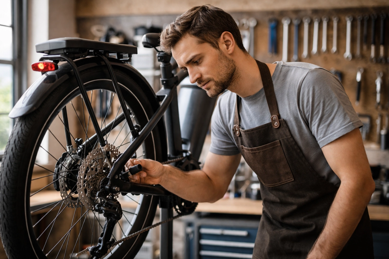 Bike mechanic inspects e-bike in workshop, ensuring electric bike hire safety and reliability