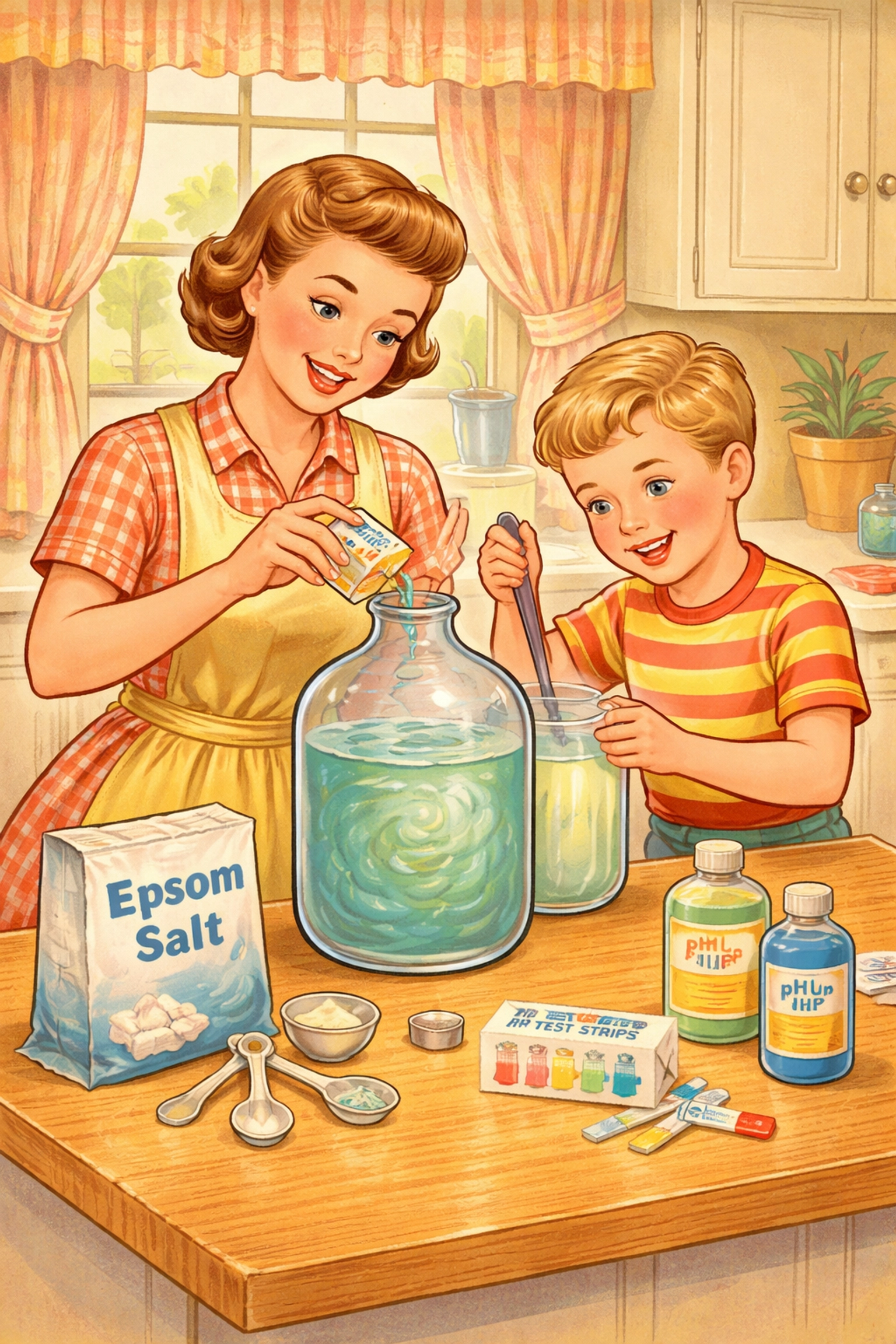 Parent and child mixing nutrient solution ingredients at a kitchen counter for a vertical garden project