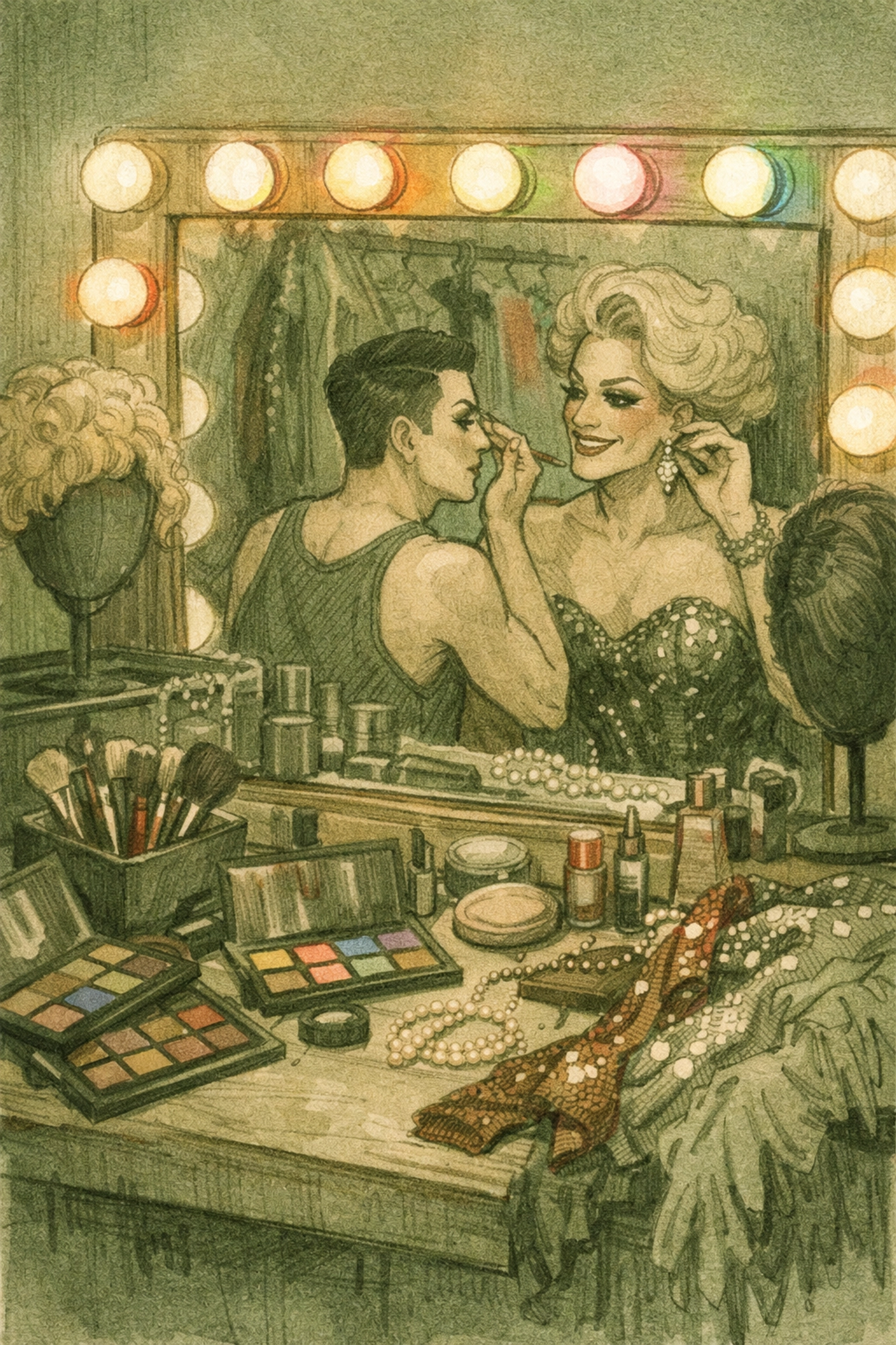 Drag queen backstage dressing room with makeup brushes, wigs, and costumes for performance preparation