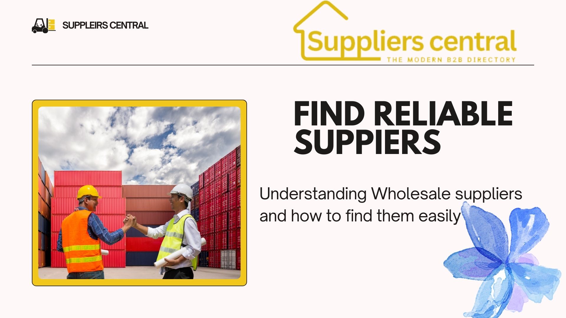 Two workers in safety vests and helmets shake hands in front of stacked shipping containers