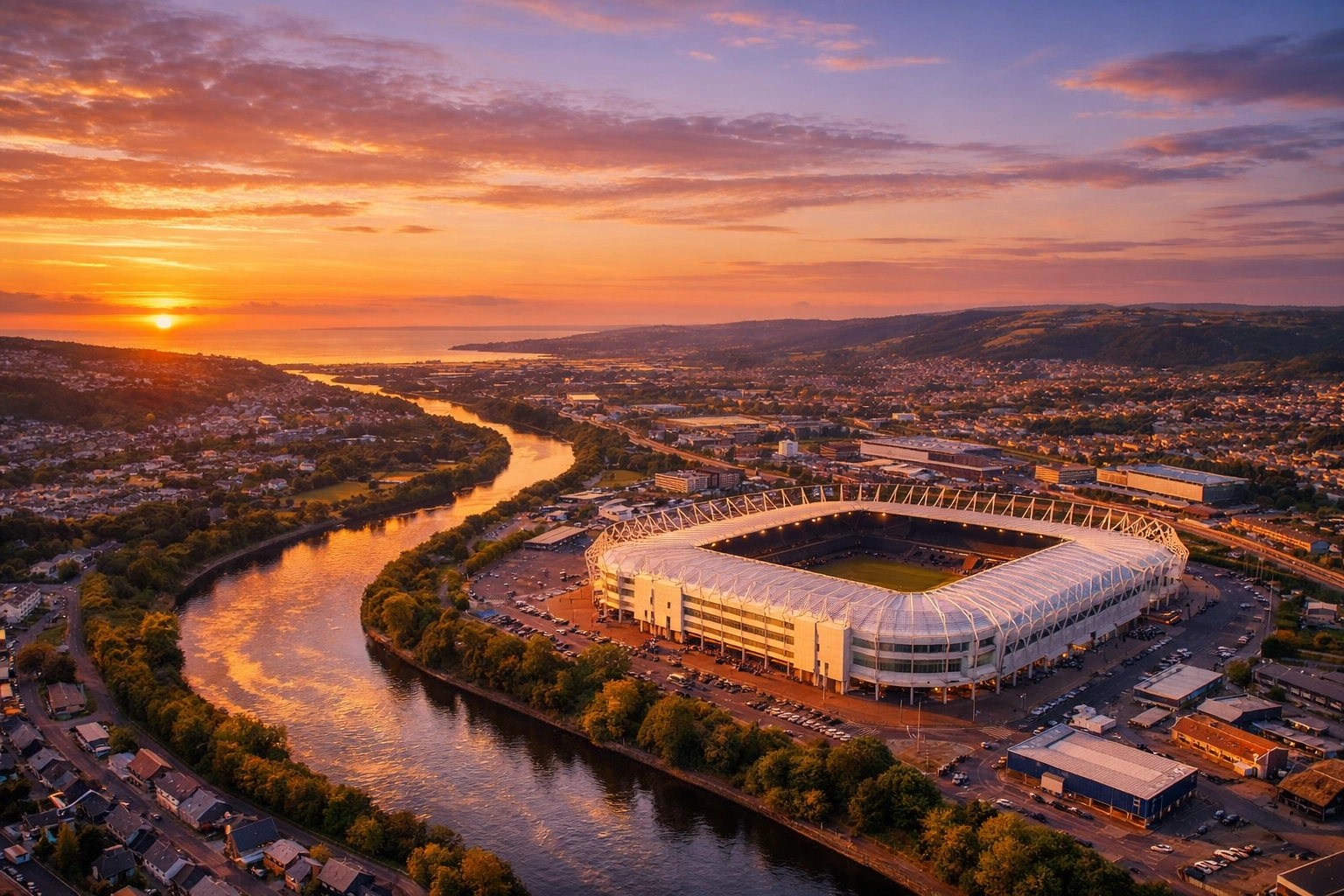 Aerial view of Swansea.com Stadium and River Tawe in Landore for nearby drone ash scattering ceremonies.
