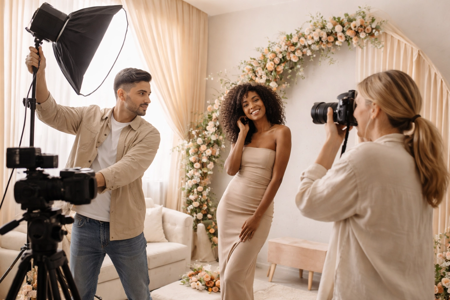 Diverse group of content creators collaborating inside an airy, elegantly styled Virginia event studio