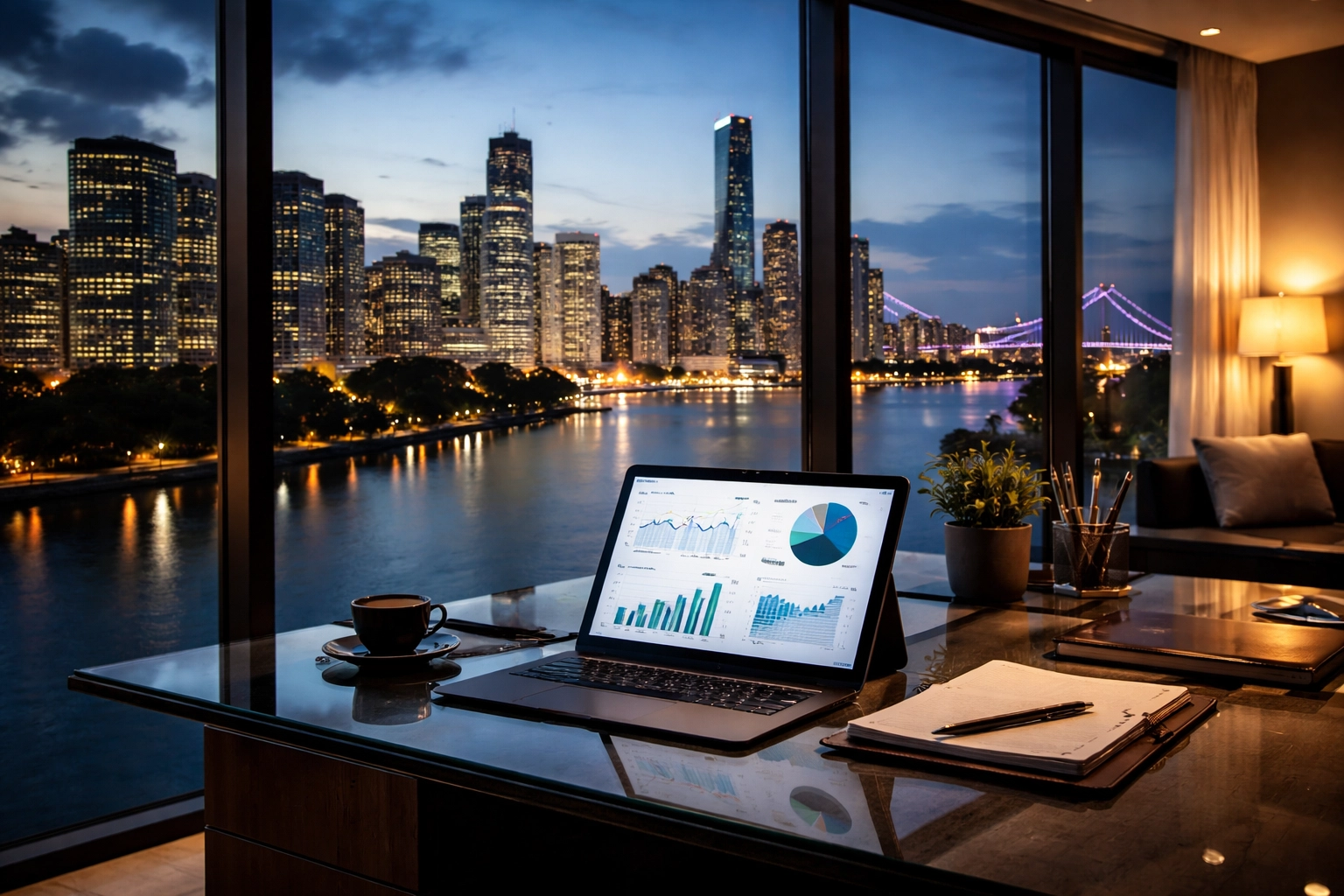 Modern Brisbane financial planner office with river and skyline view, highlighting professional workspace and authority.