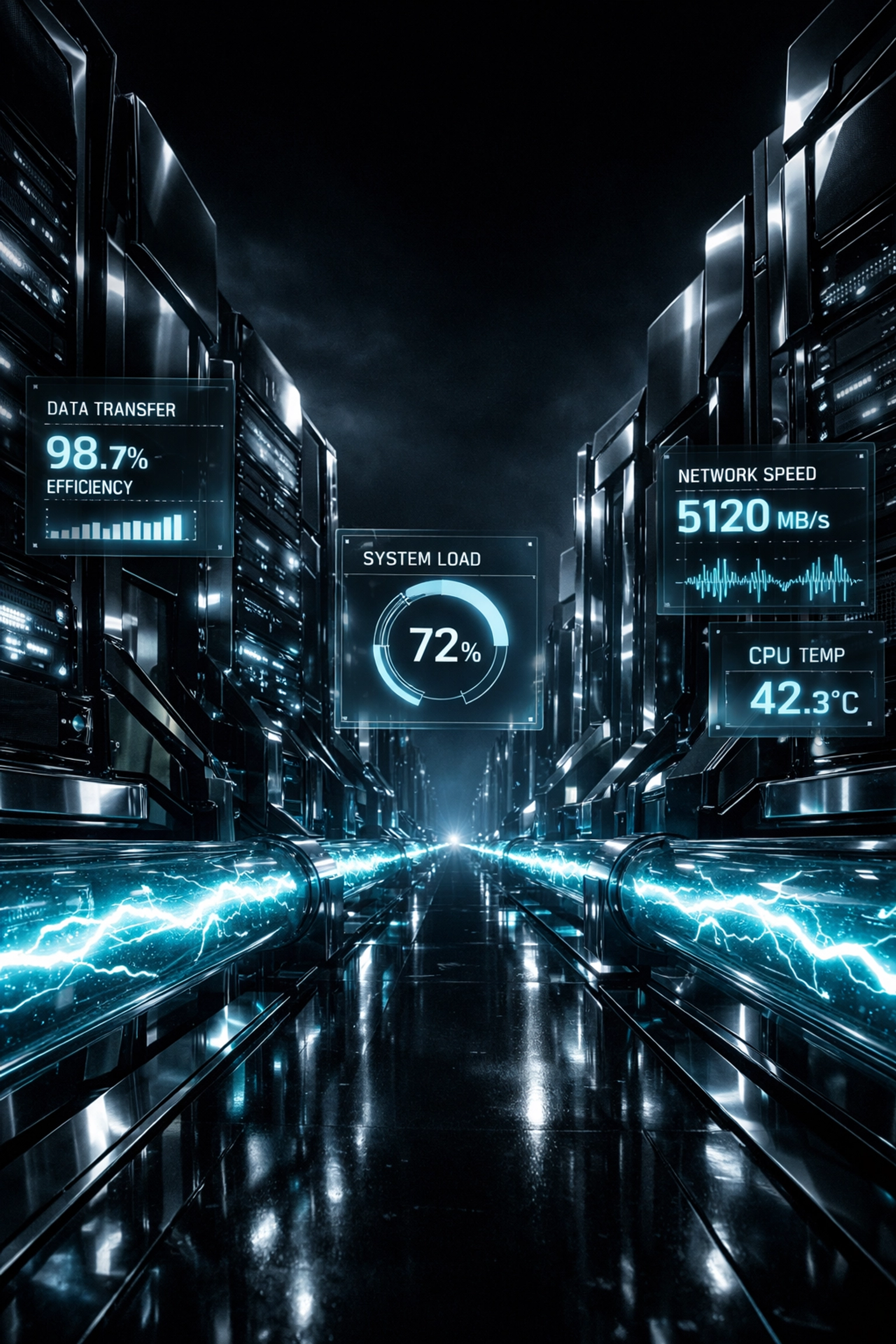 High-performance digital architecture with cyan energy pulses symbolizing technical SEO and site speed.