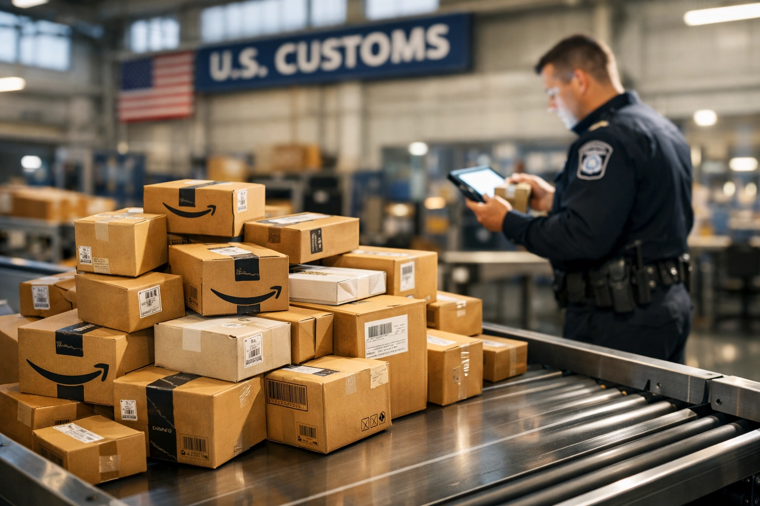 U.S. Customs inspection of small e-commerce packages following the De Minimis rule crackdown.