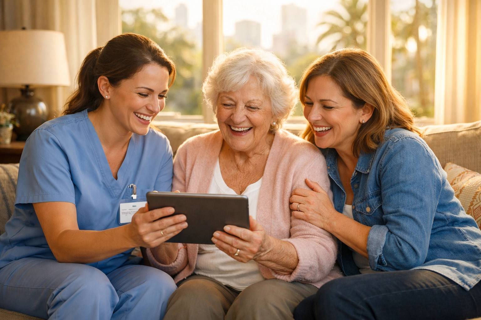 Friendly Houston home health agency caregiver sharing a smile with a senior and her daughter during a visit.