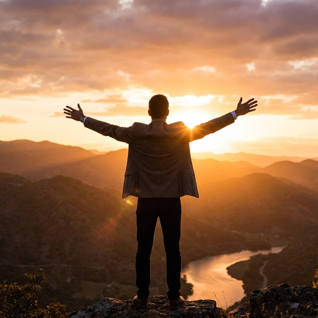 A confident leader embraces a vast horizon, symbolizing faith and abundant leadership.
