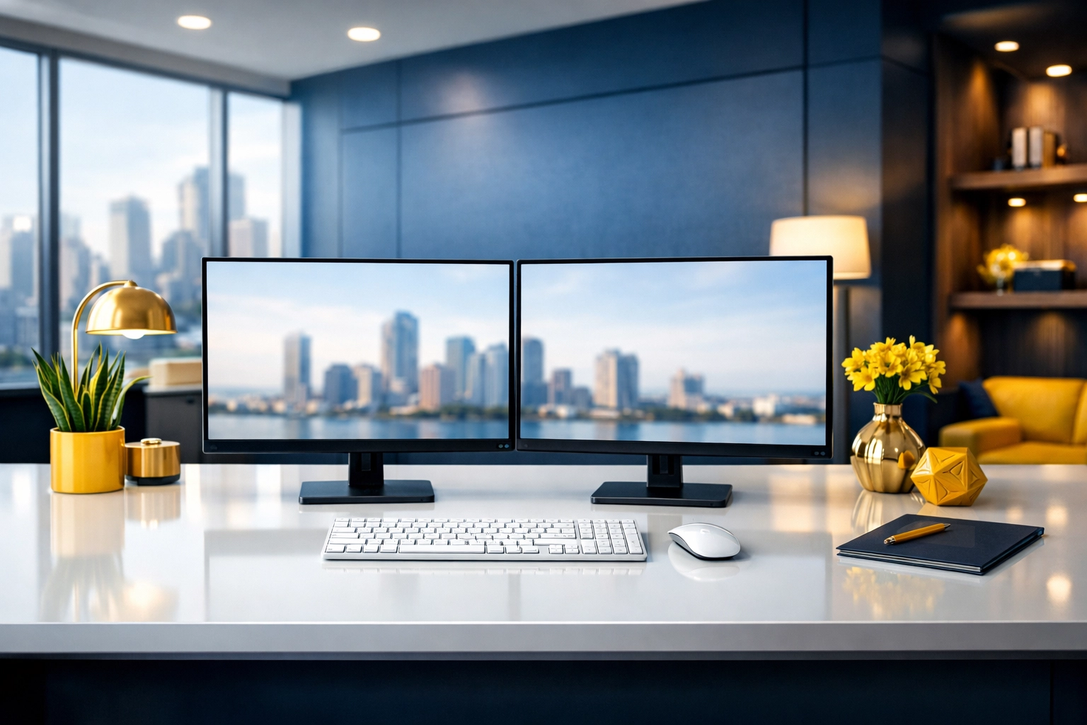Sanitized commercial office workstation with a clean keyboard and dual monitors.