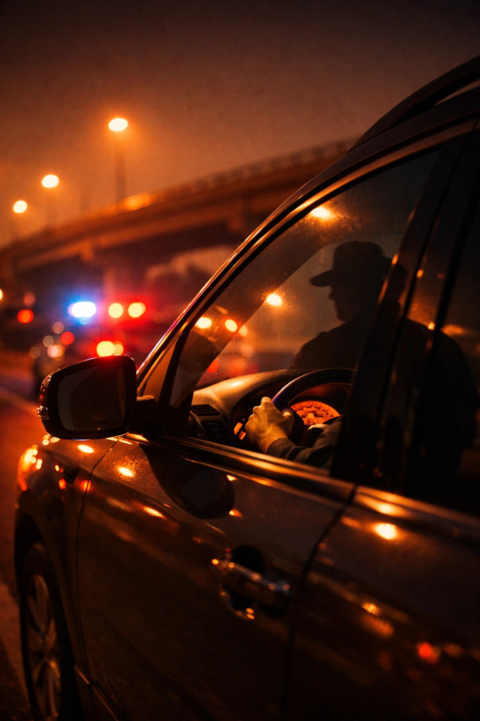 Driver inside a car during a Texas traffic stop with police lights visible in the background.