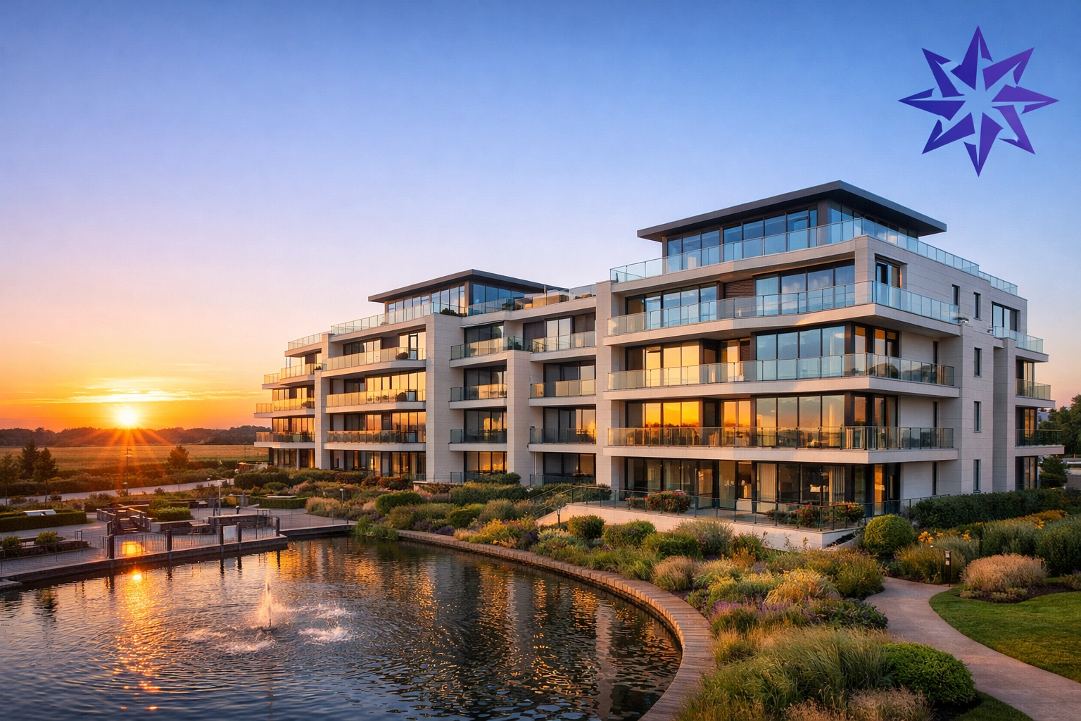 Modern Essex development at sunrise representing a new standard in professional residential block management.