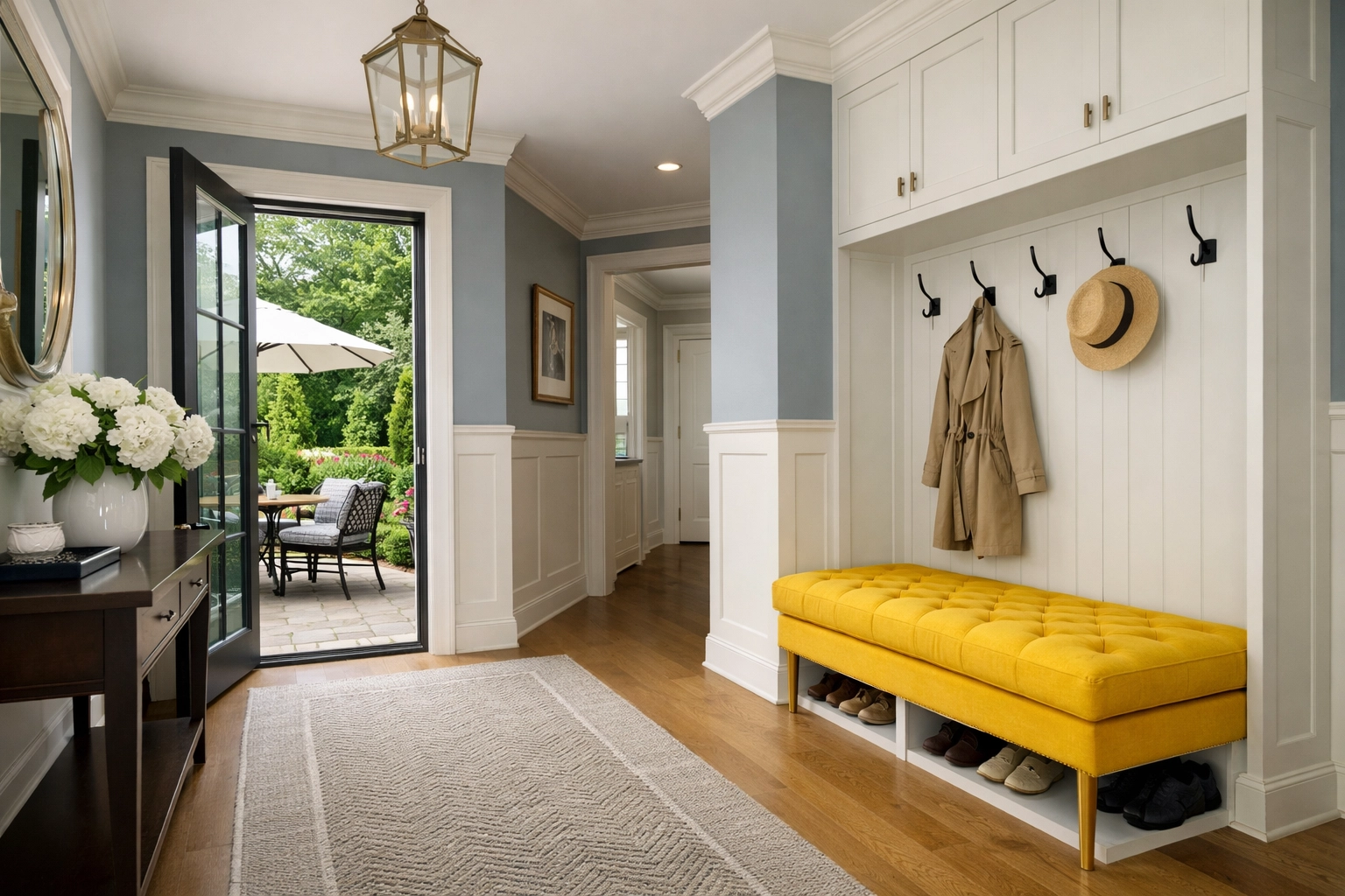 Organized mudroom in a Dover home, showcasing the results of professional residential house cleaning.