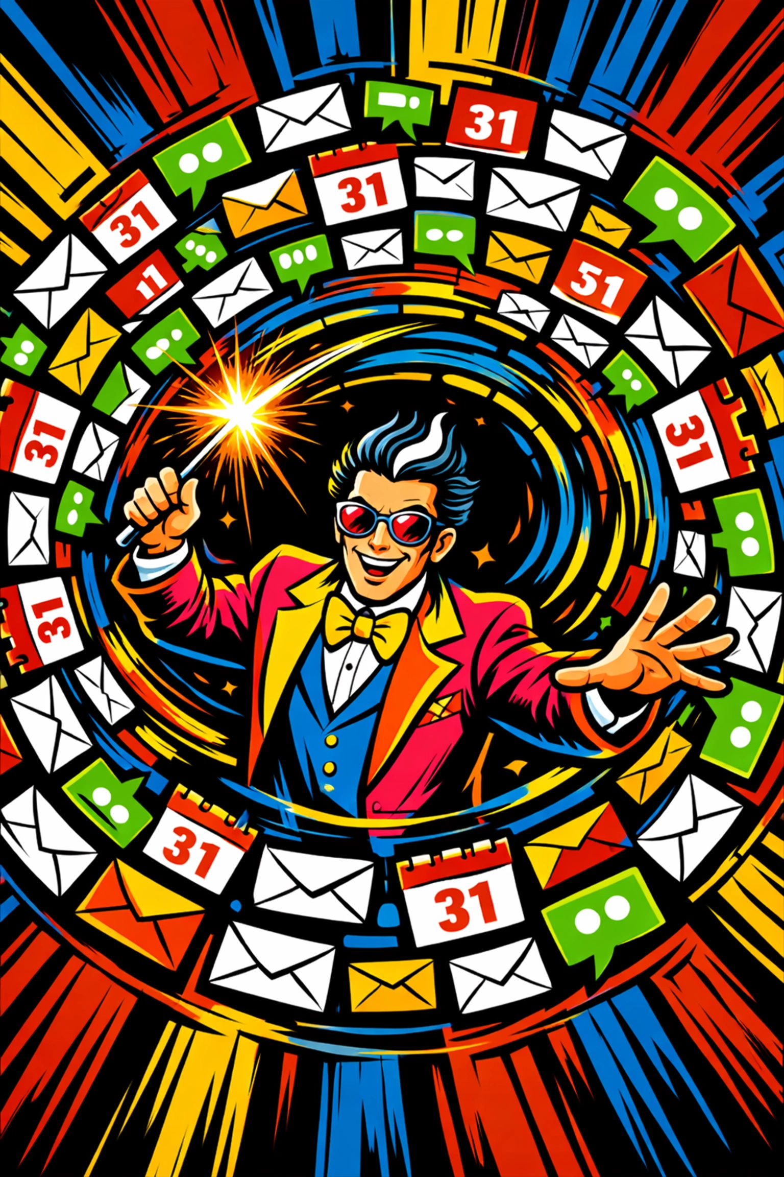 A conductor managing a vortex of digital icons, illustrating how to automate business processes and apps.