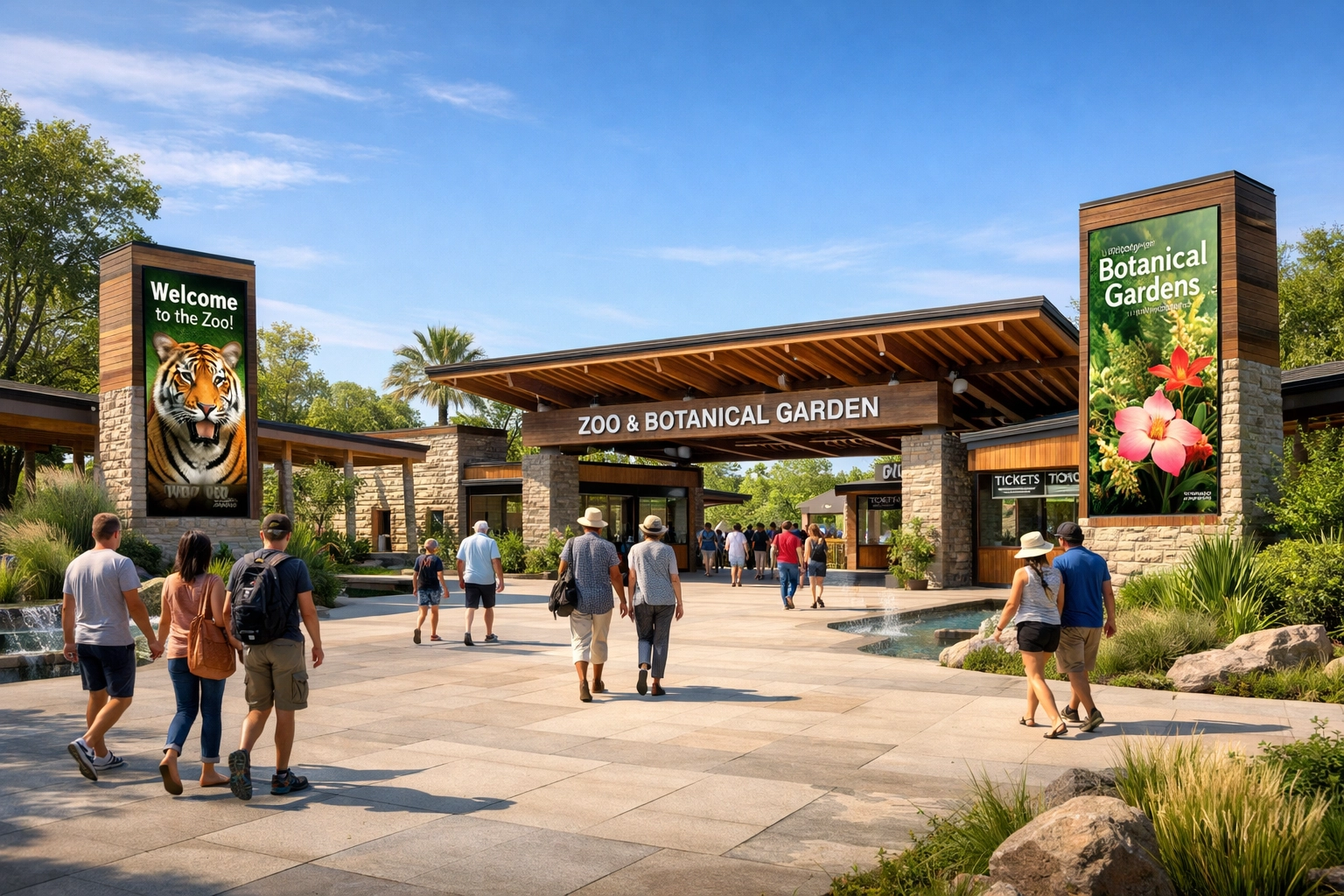 Eco-friendly zoo entrance with integrated digital signage towers for strategic brand partnerships.