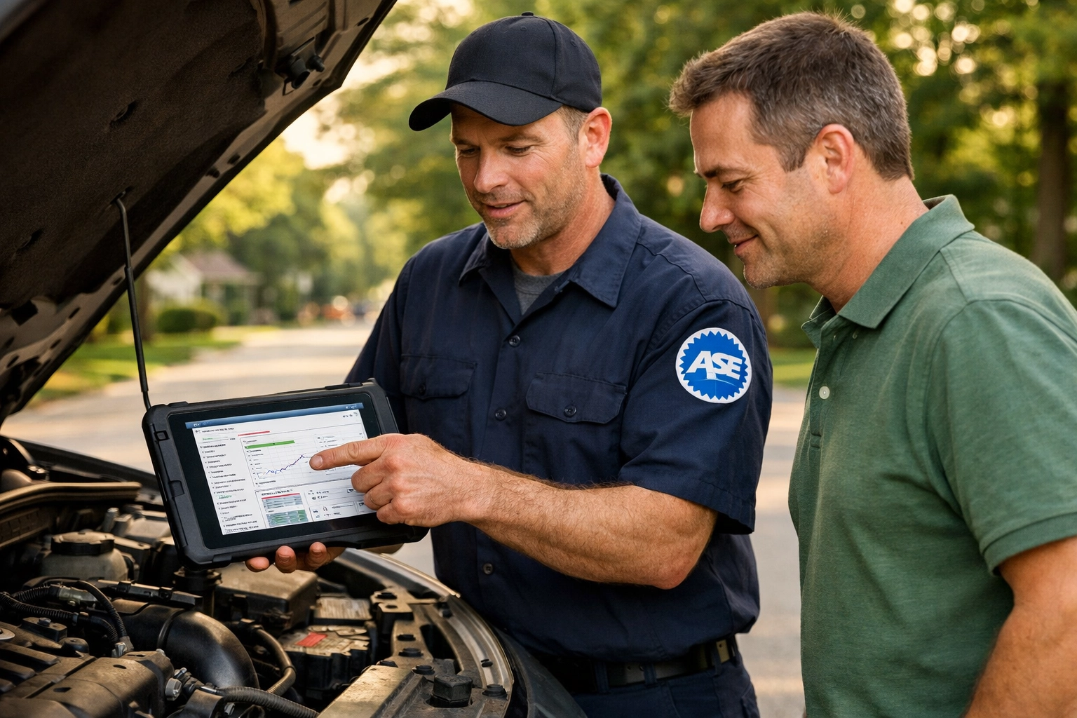 Green Bay auto repair technician sharing digital engine diagnostics with a car owner for transparent service.