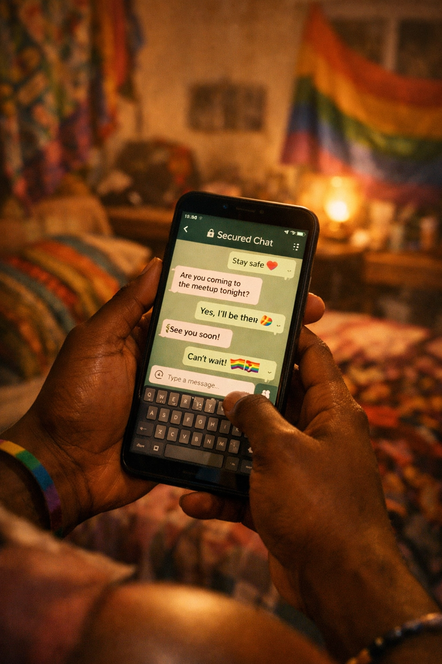 Hands holding smartphone with encrypted messaging app connecting Lagos LGBTQ+ community