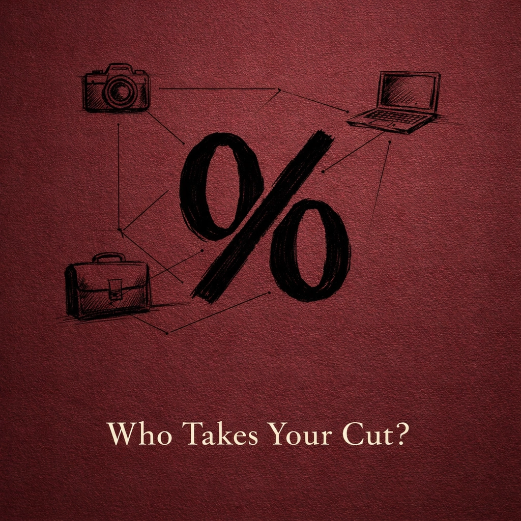 Zero commission model illustration showing crossed-out percentage symbol with creator tools