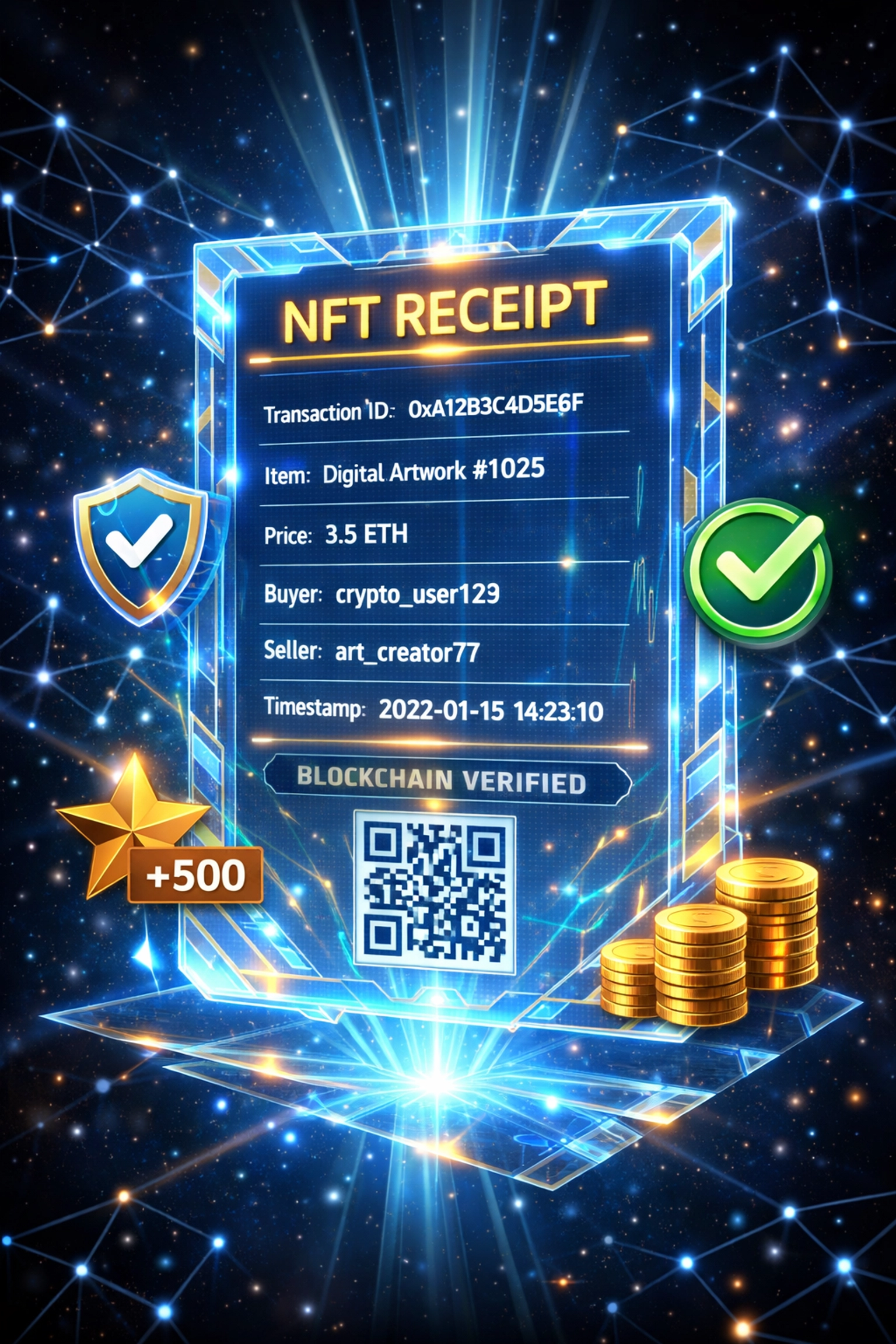 NFT receipt with blockchain verification showing warranty, resale, and loyalty reward features