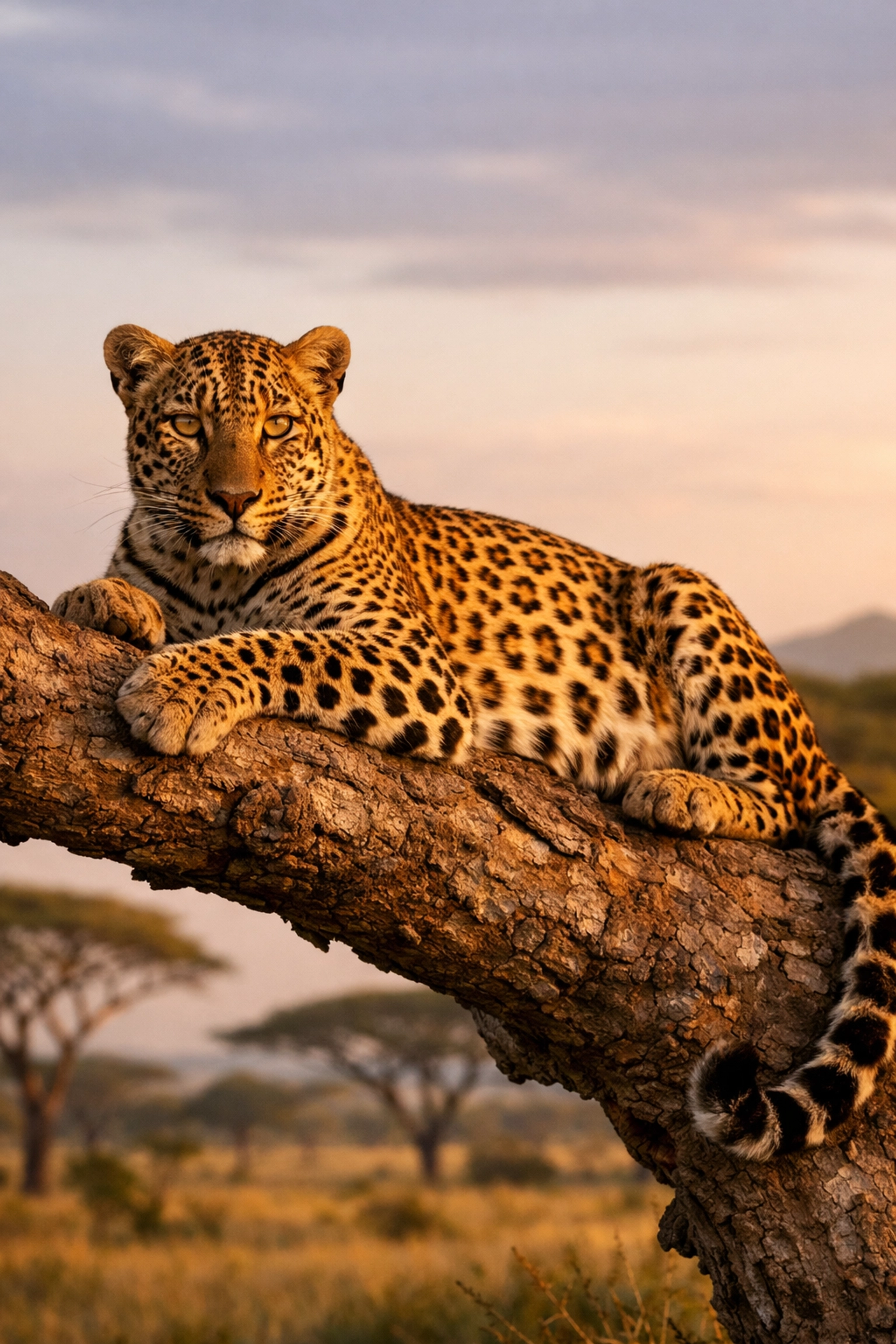 Majestic leopard on a savanna tree branch highlighting authentic wildlife photography for brand partnerships.