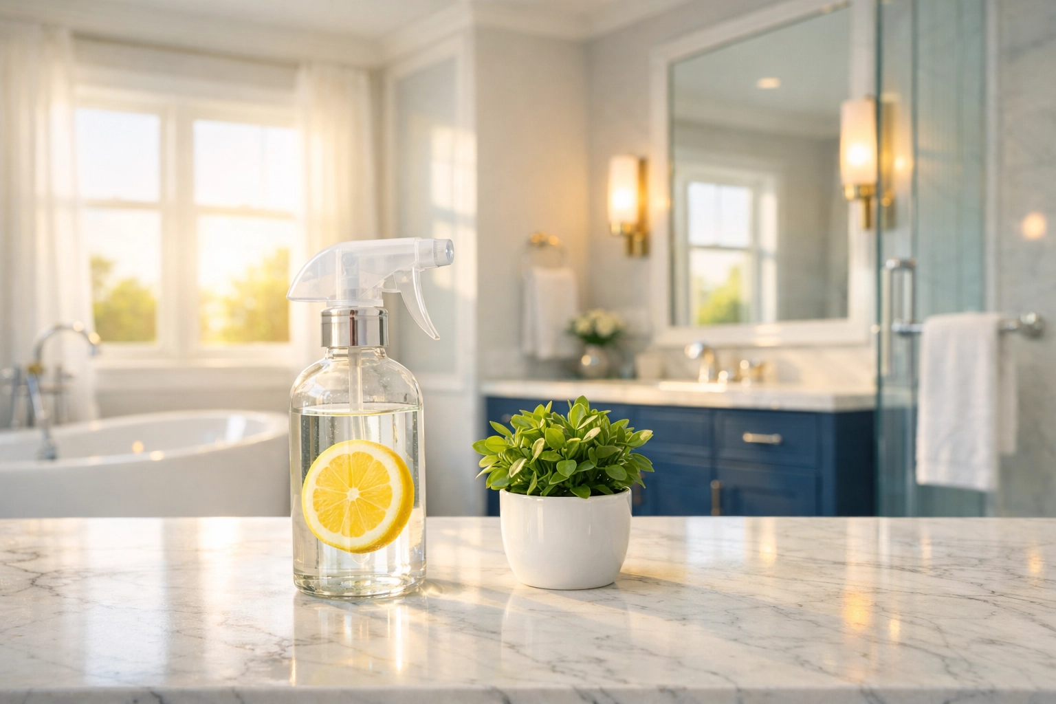 Eco-friendly spray bottle with lemon on a bright bathroom counter for natural disinfecting.